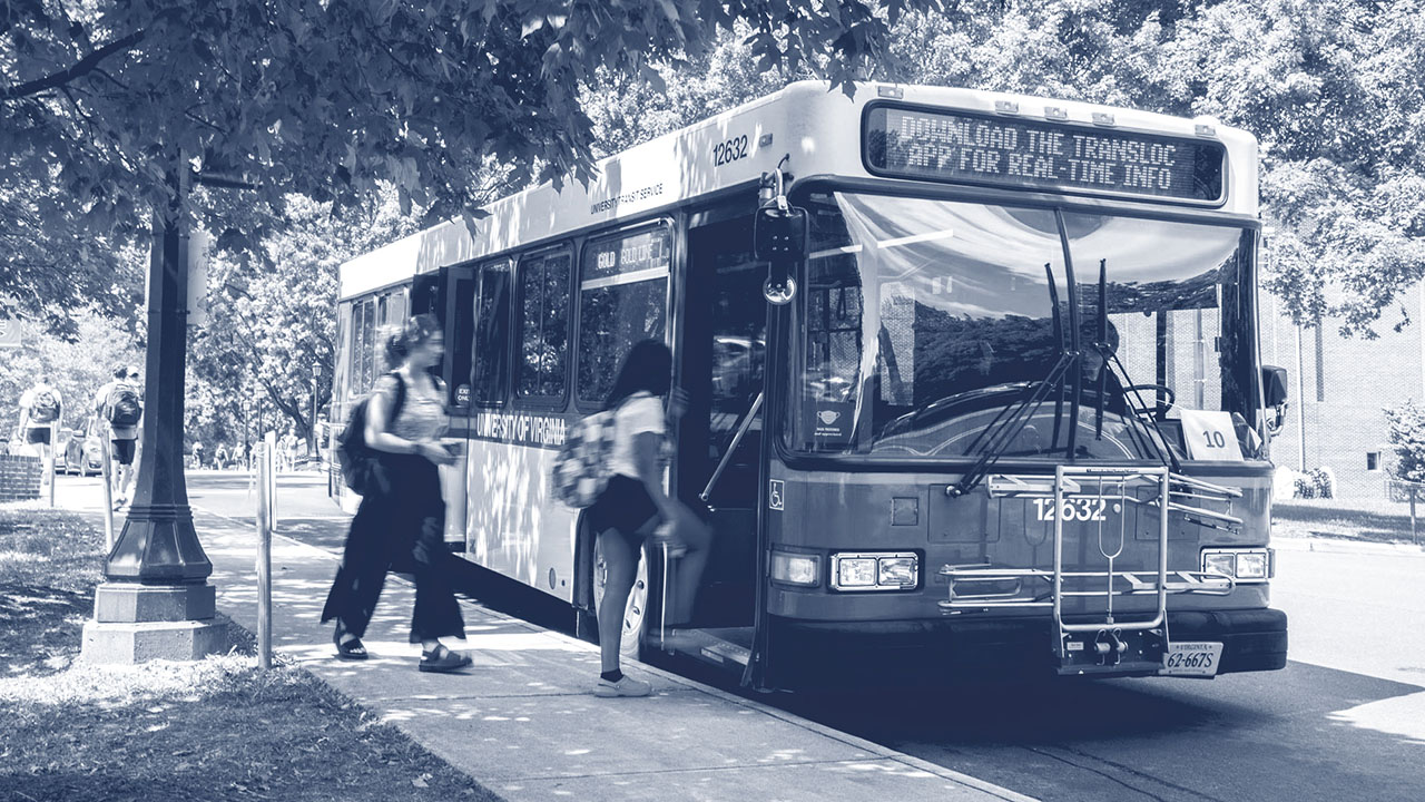Blue illustration of a UVA bus picking up students on Grounds