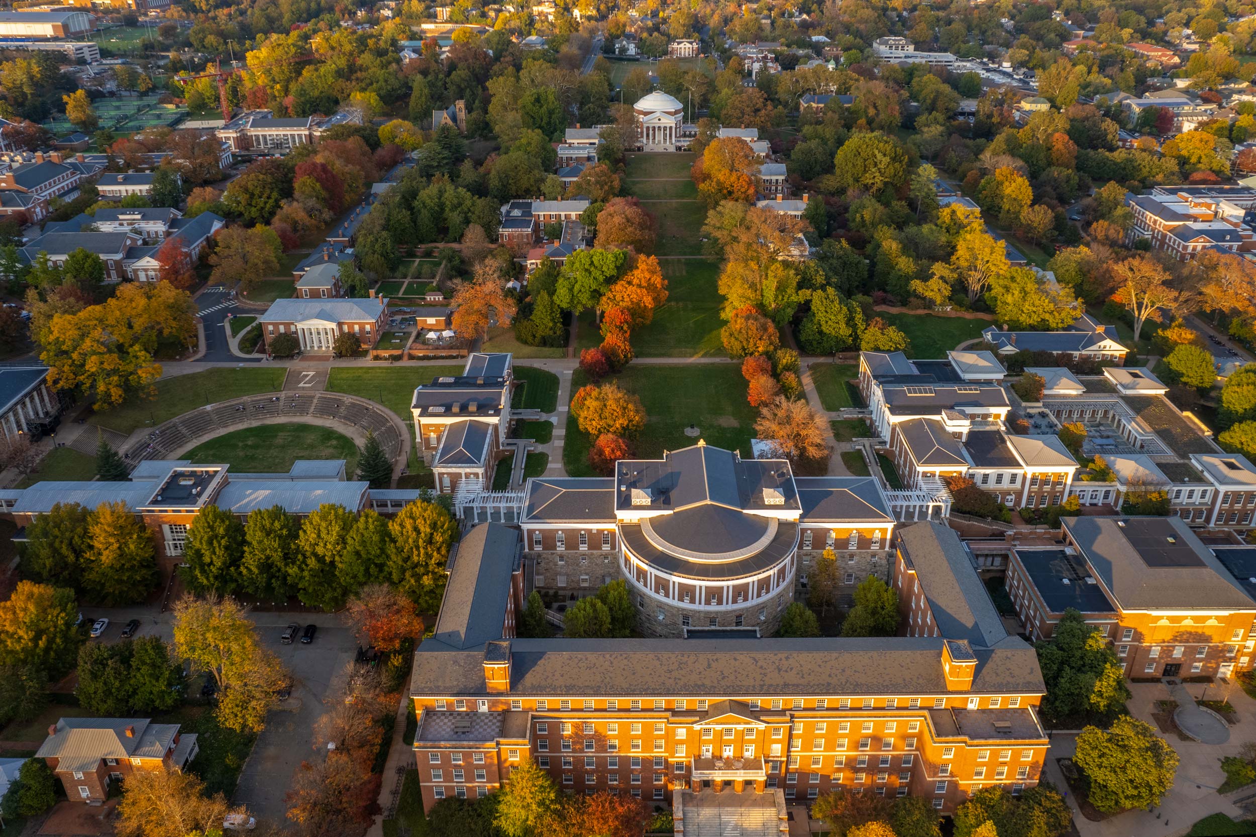 Aerial photo of the Lawn in the fall from the New Cabel side.