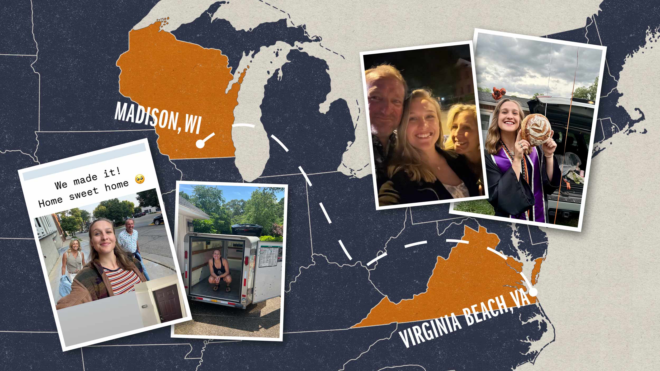Photos of Brynn Earl overlaying a map showing her journey from Virginia Beach to Madison, Wisconsin
