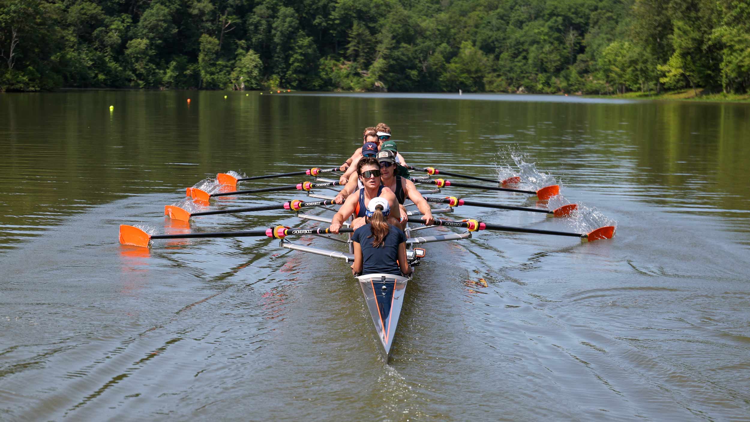 The UVA club rowing team on the Rivanna Reservoir