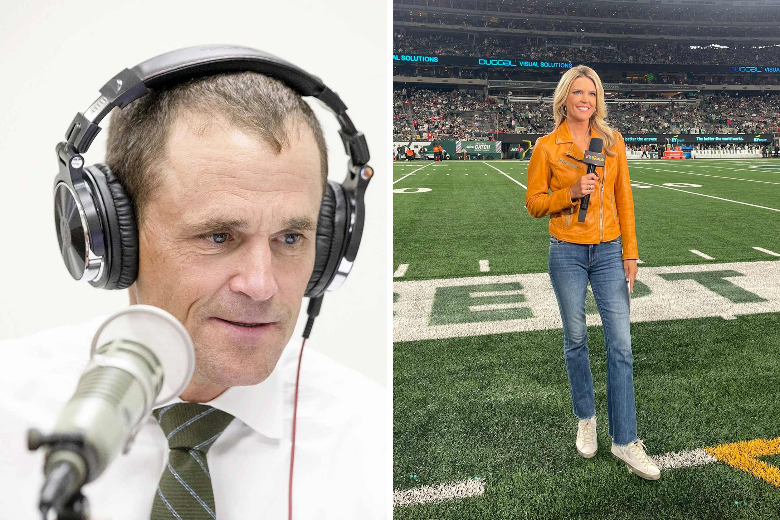 President Jim Ryan at a microphone, left, Melissa Stark on a football field, right