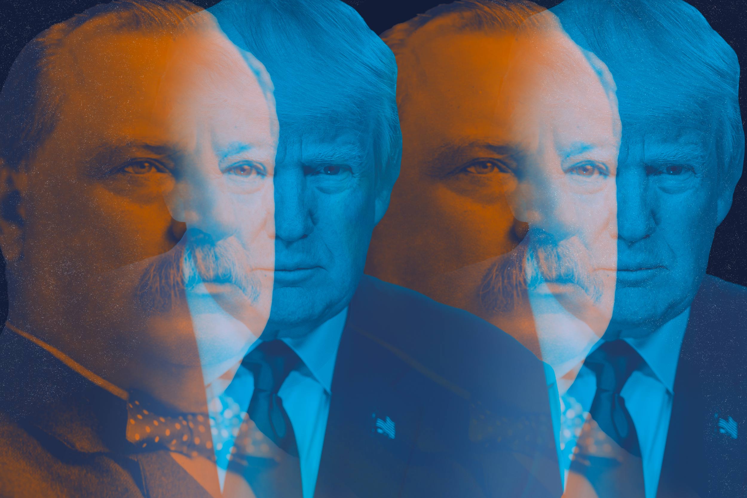 Two similar portraits illustrating President Donald Trump and President Grover Cleveland are displayed side by side.