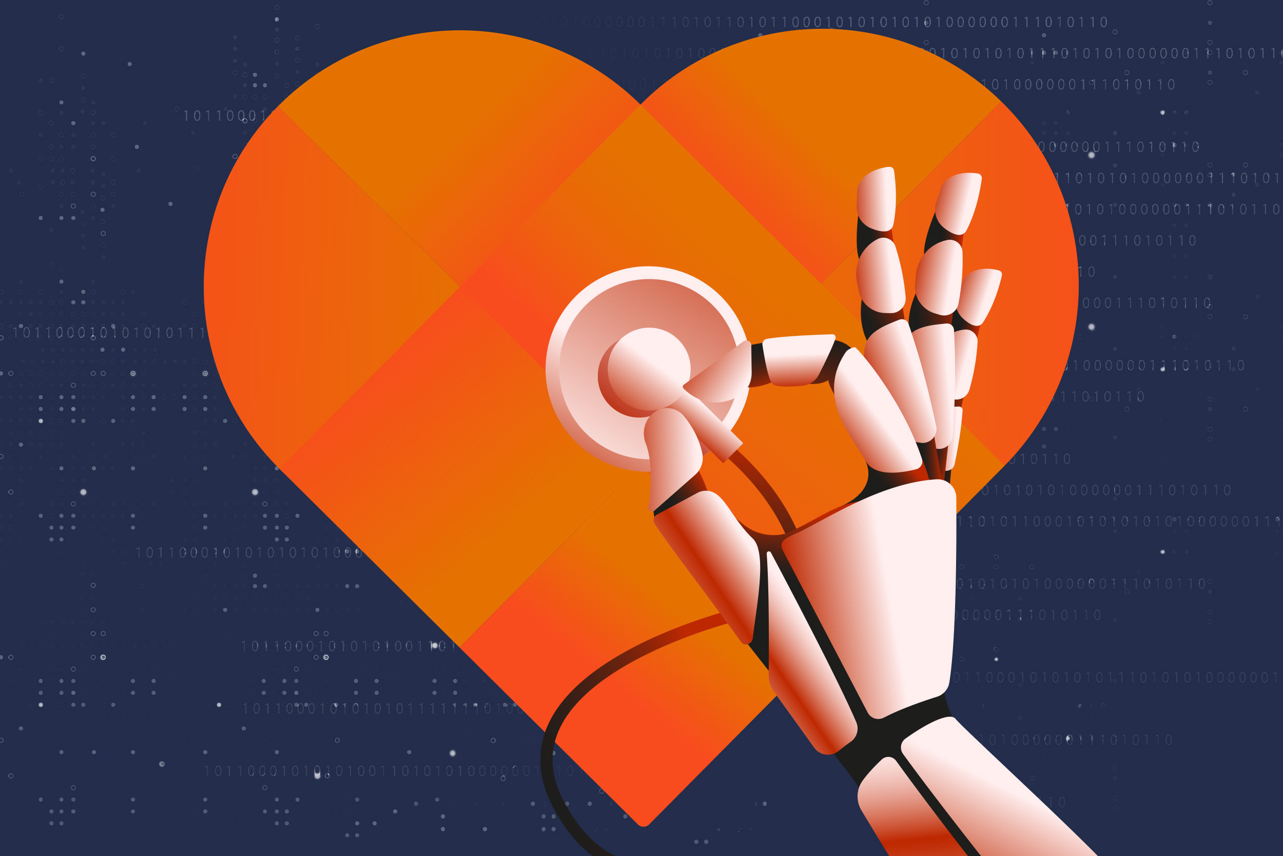 An illustration of a robotic hand using a stethoscope on an orange heart symbol.