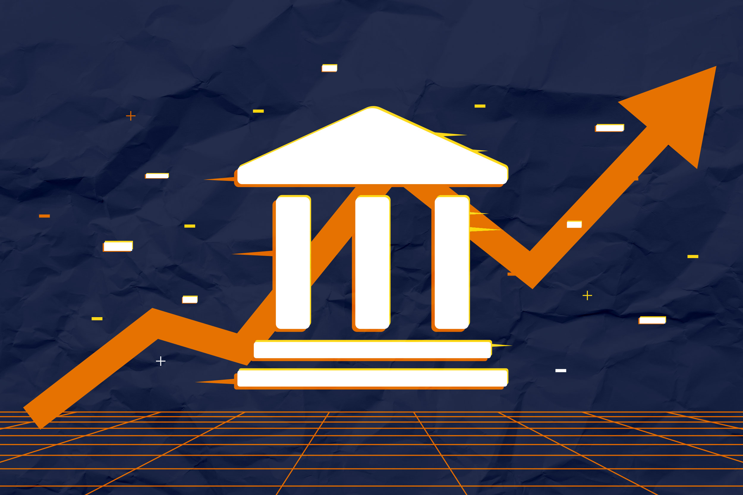 Illustration of an icon depicting a government building with a line chart in the background, showing an upward-trending arrow.