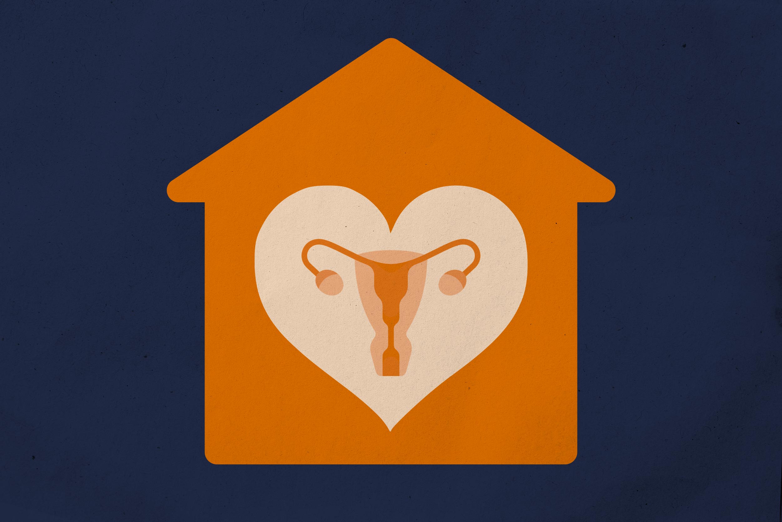 An illustration of a female reproductive system inside of a heart shape inside of a house shape