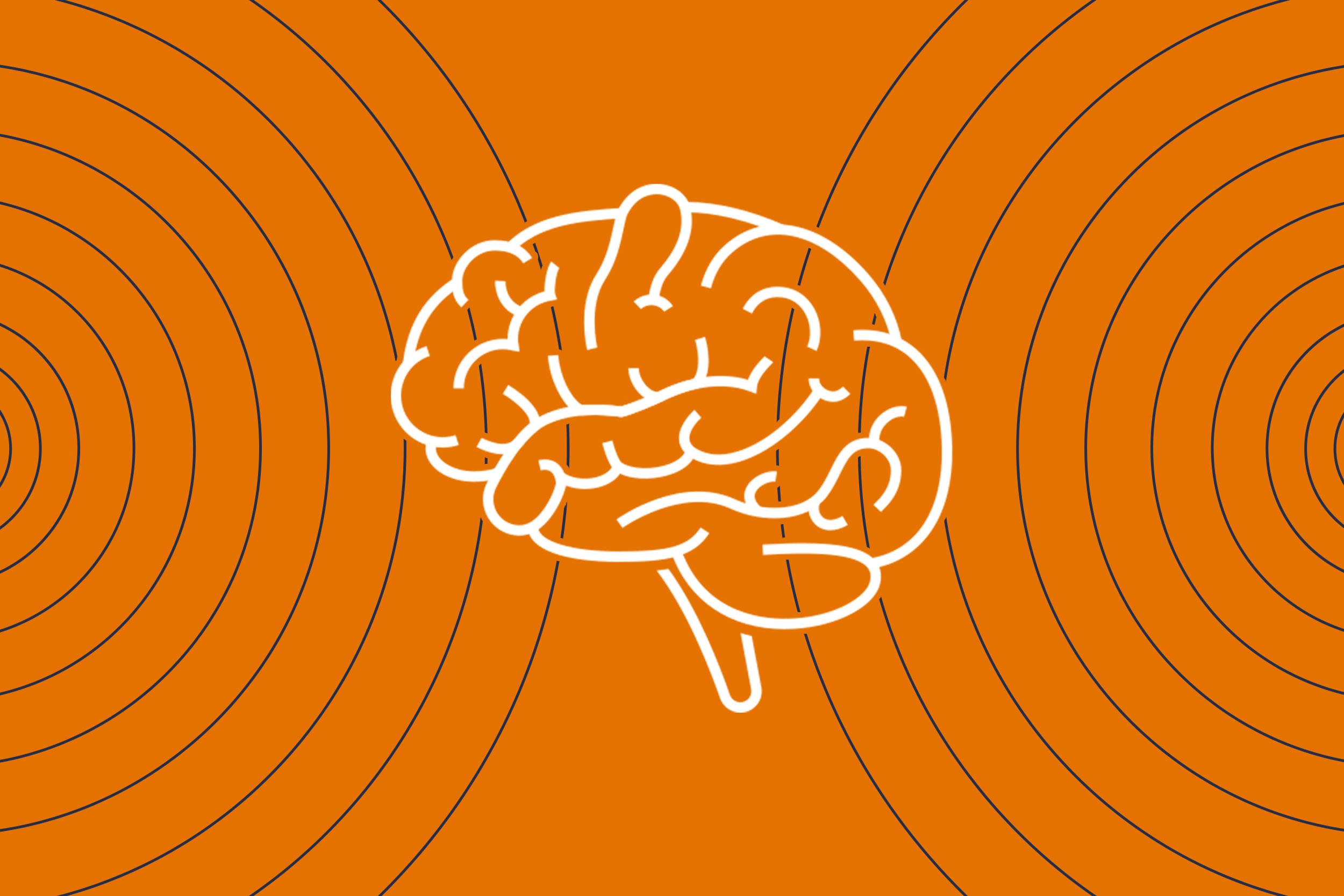 Illustration of a human brain on an orange background between two waves of sound