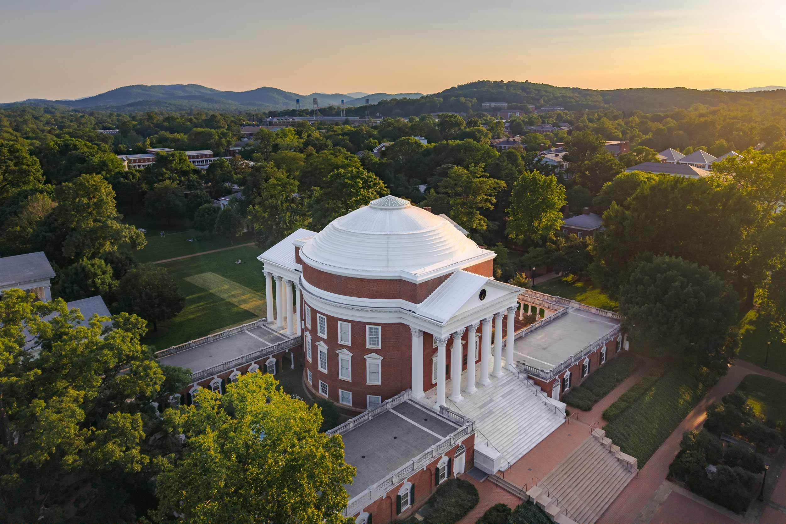 aerial photo of the UVA Rotunda in the late afternoon.
