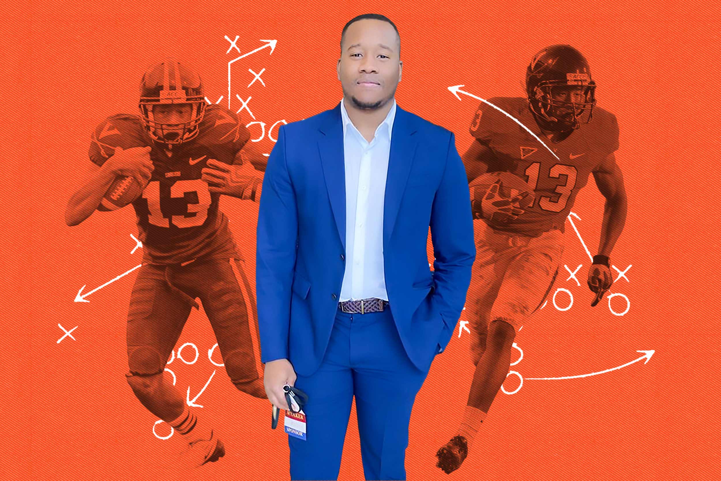 illustration of Chase Minnifield's photograph in the foreground and images of UVA football players with football play diagrams over them.