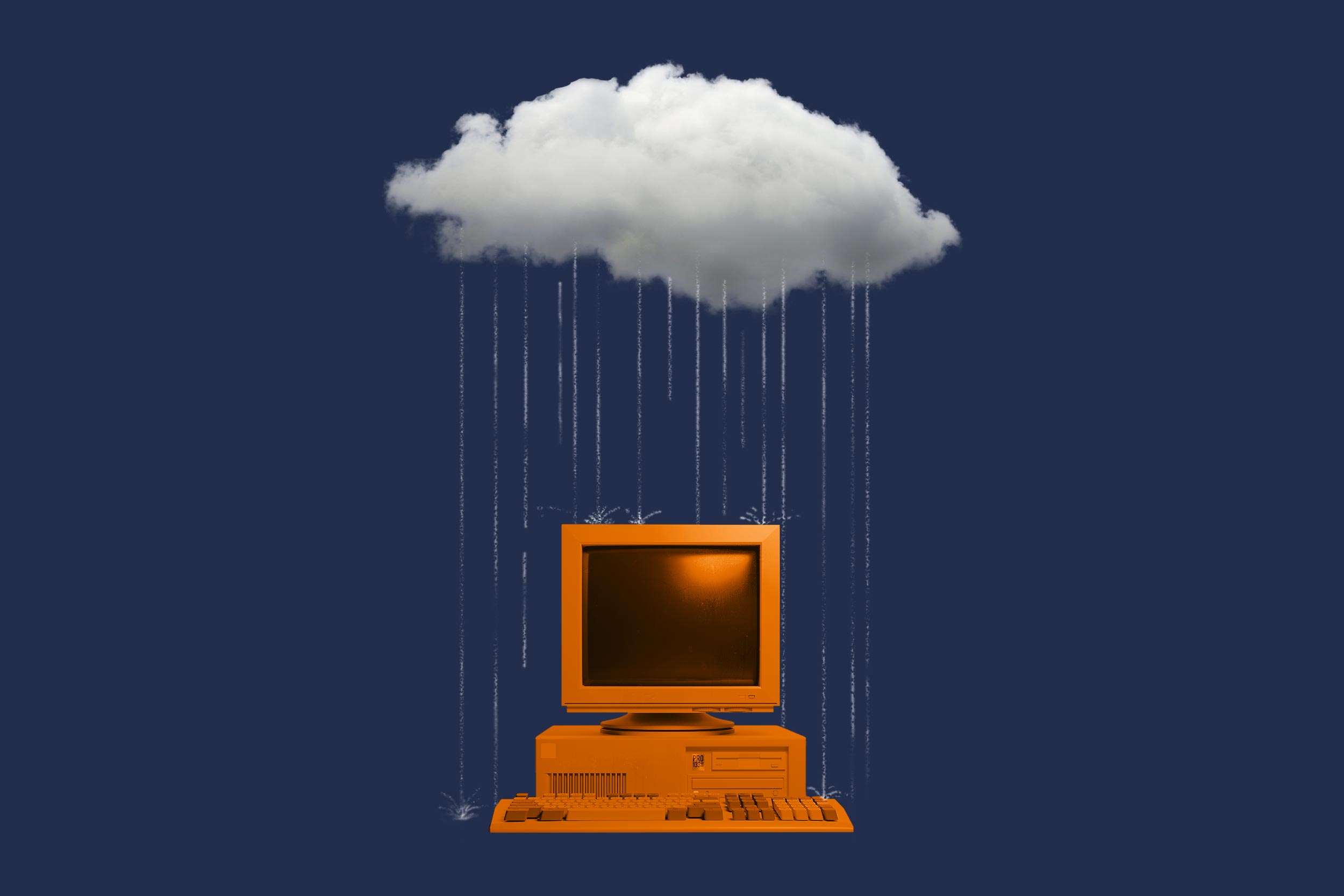 illustration of an orange desktop computer under a rain cloud over a blue background 