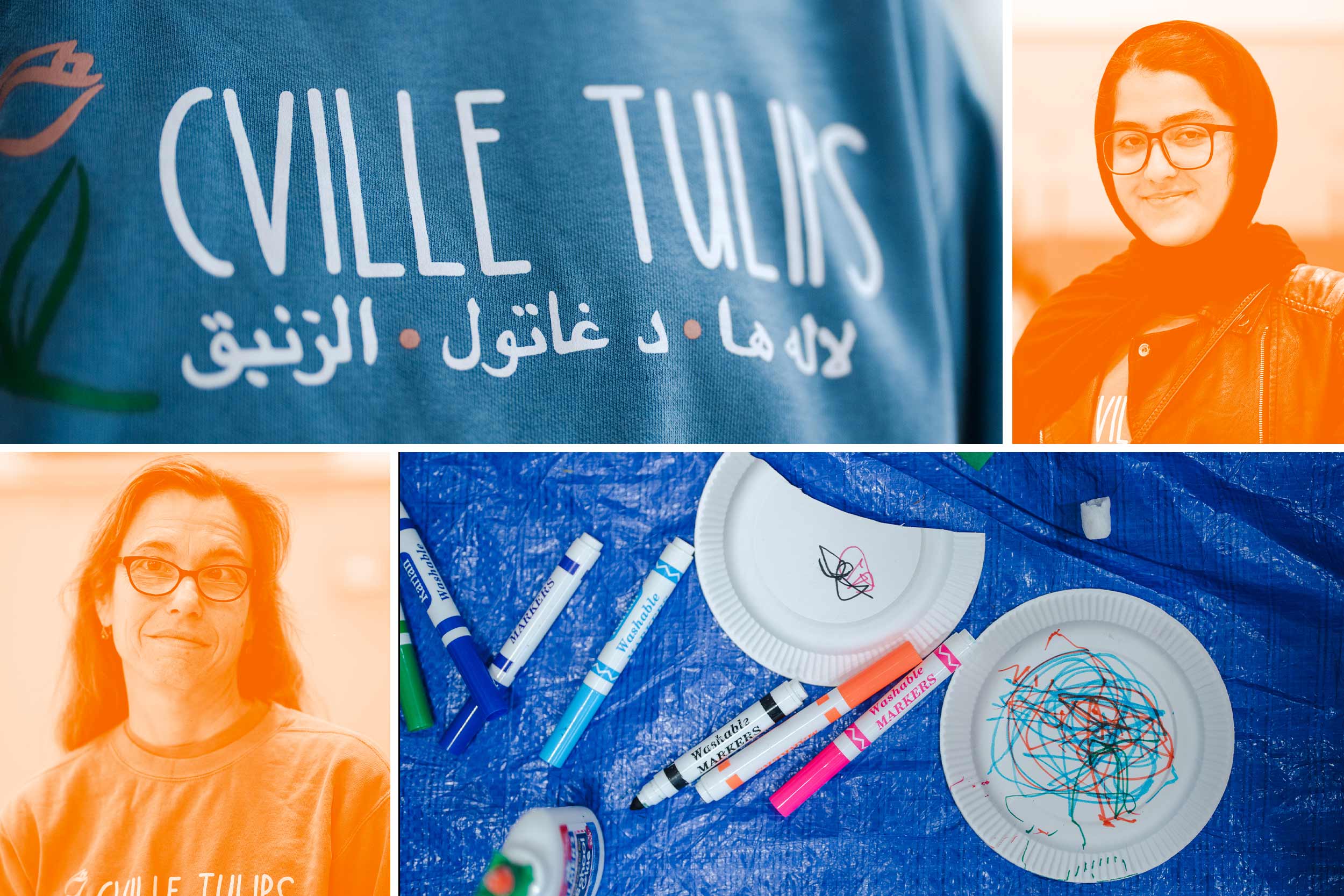 A collage of Cville Tulips's tshirt, craft and people who founded it, an organization that educates and empowers refugee women and children