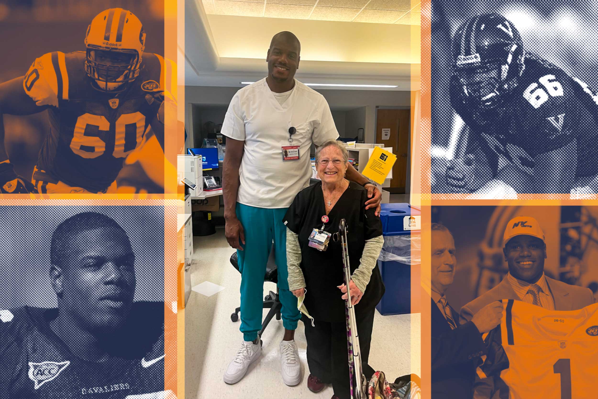 Collage of photos of D’Brickashaw Ferguson playing football and as a nursing student