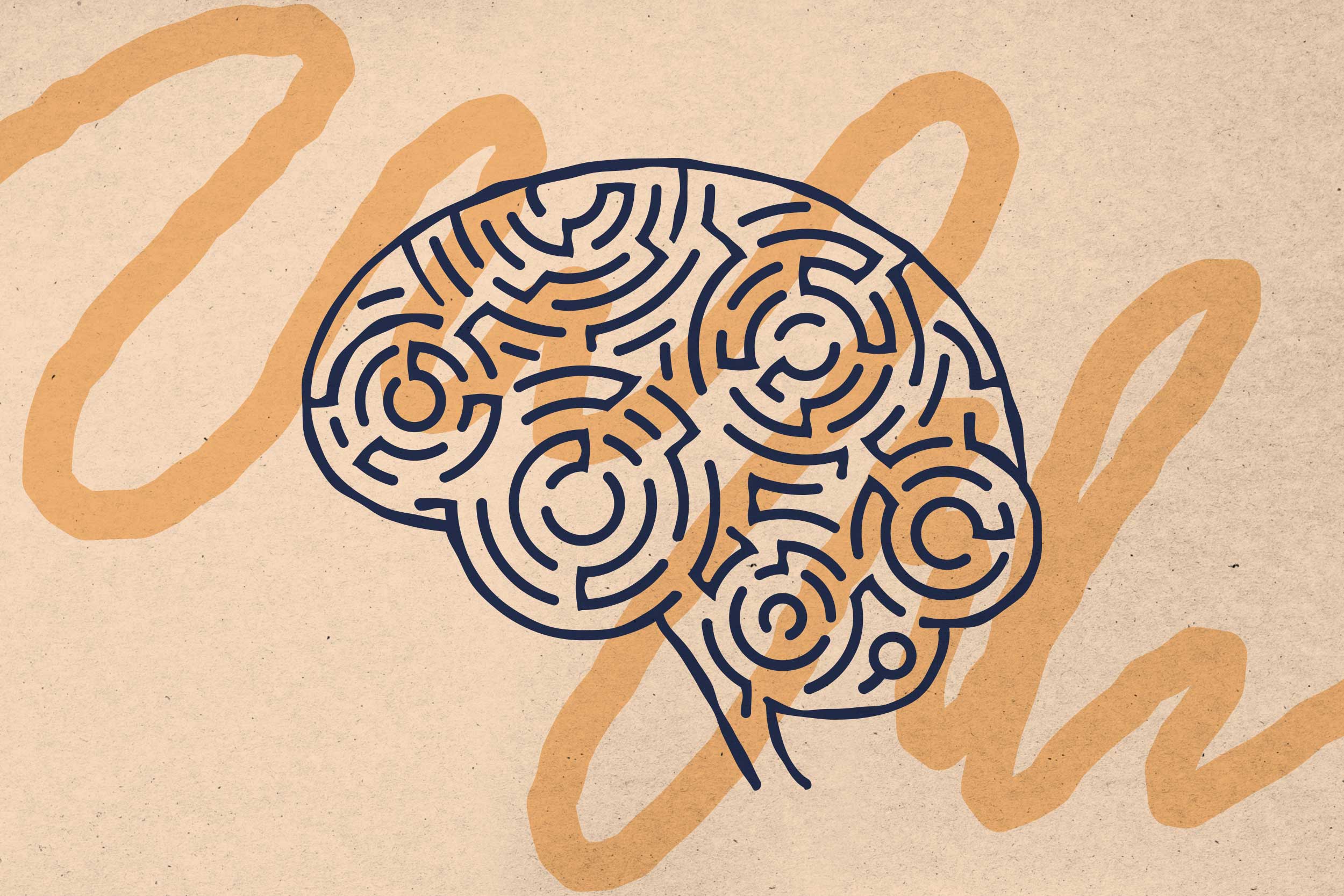 An illustration of a brain with a doodled squiggle over top