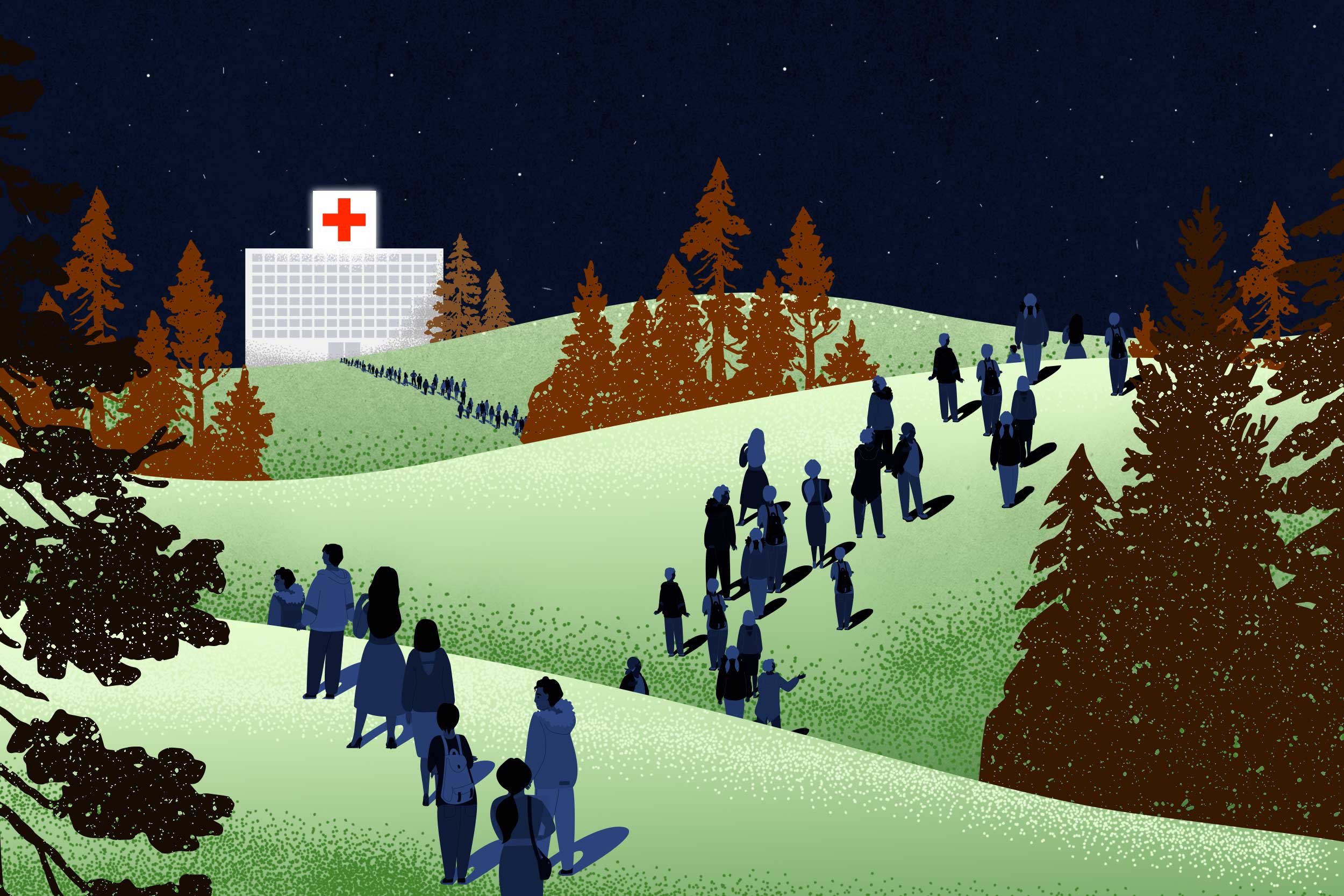 An illustration of a hospital in the distance situated on some hills while an endless line of people fills the hills to the foreground of the image