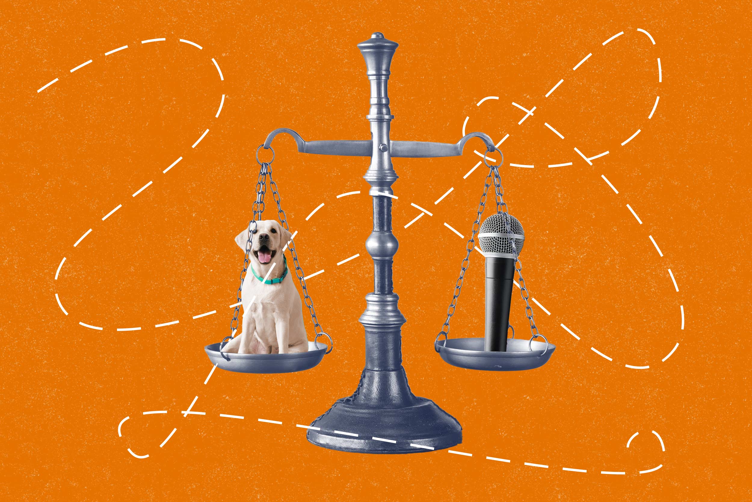 Illustration of a justice scale with a dog and a microphone on each side.