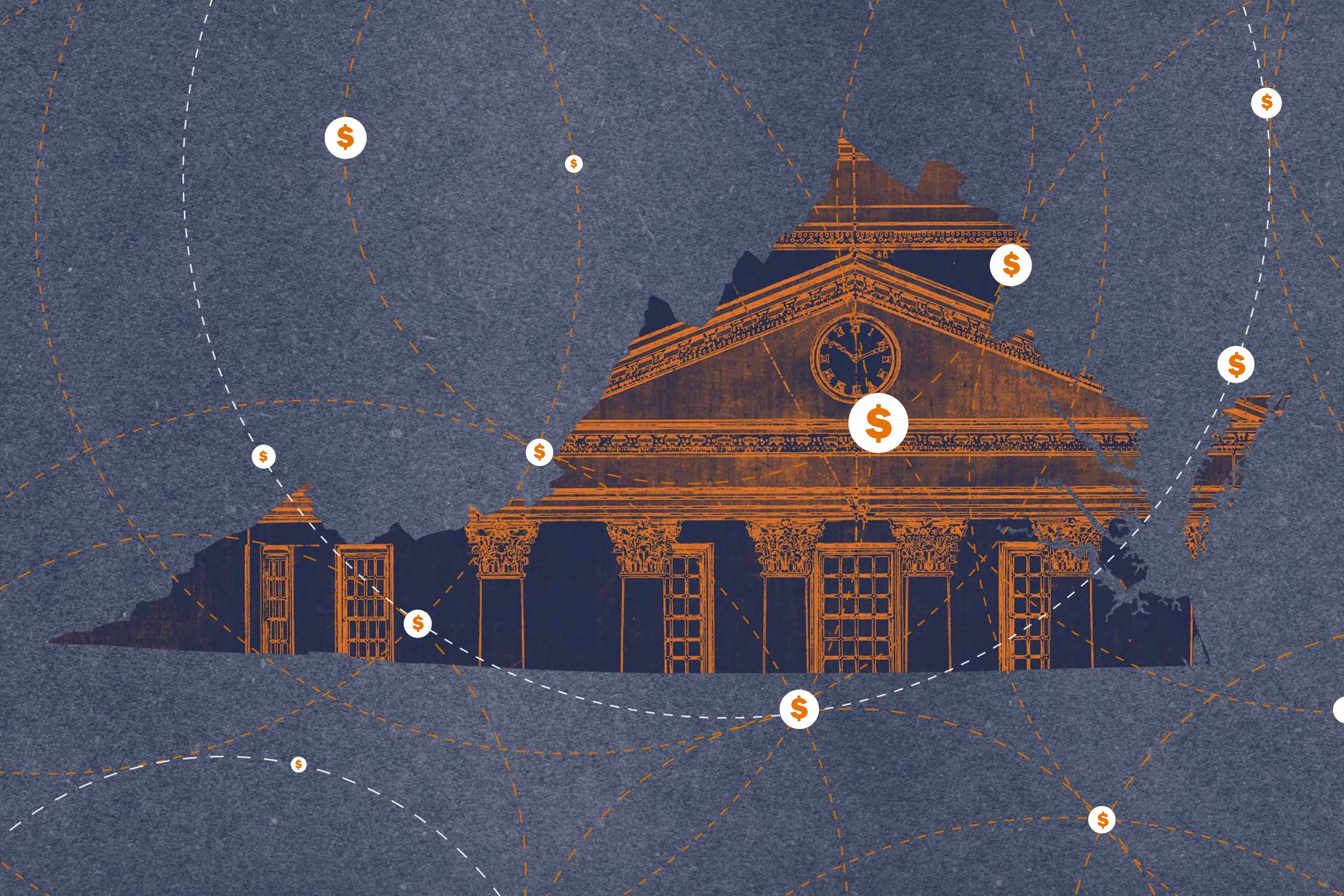 Circles with dollar signs overlaying an illustration of the outline of Virginia overlaying the Rotunda 