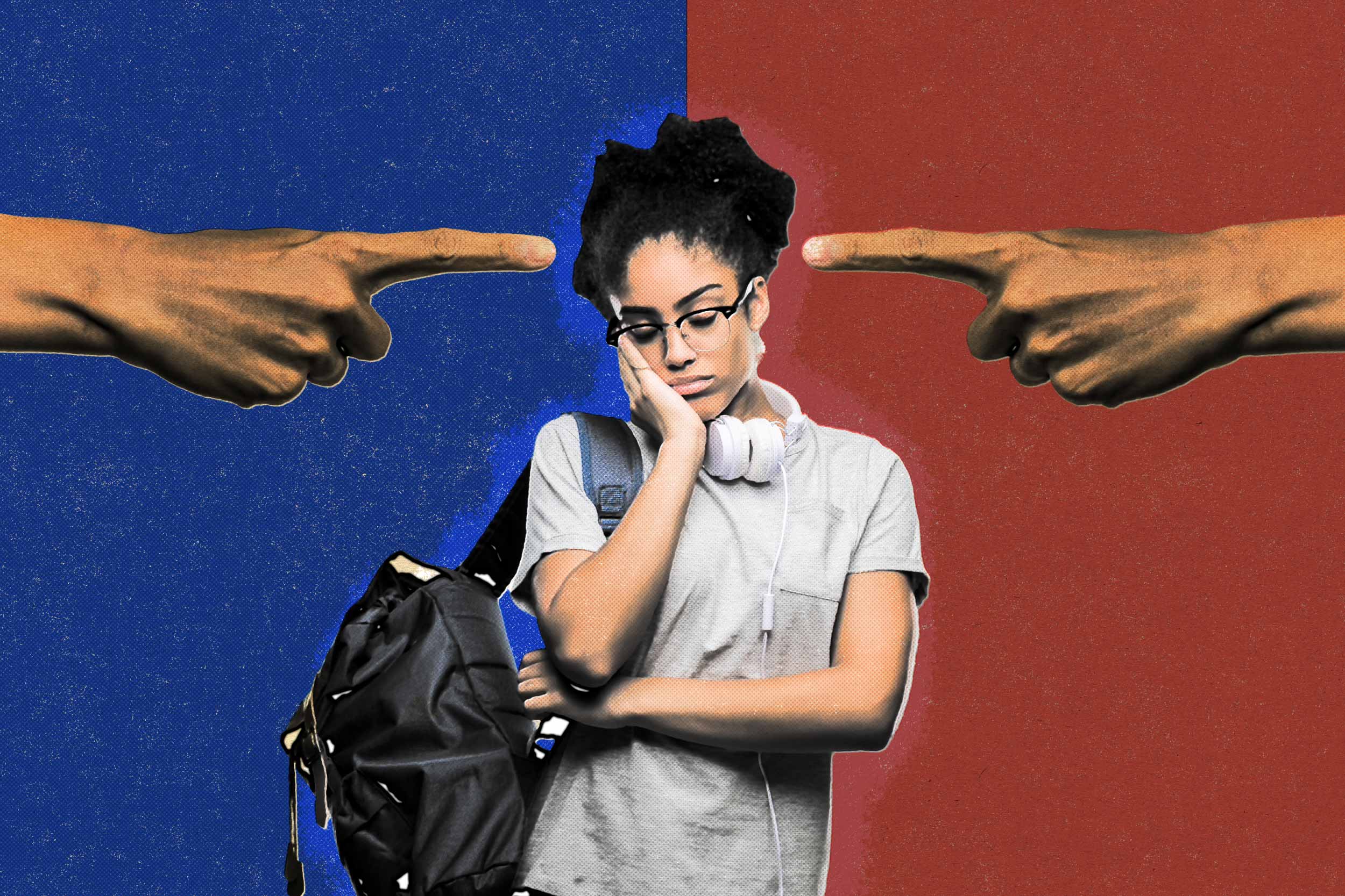 Portrait illustration of a female student who looks stressed, carrying a bag with headphones around her neck, set against a background of half blue and half red, with two fingers pointing at her.