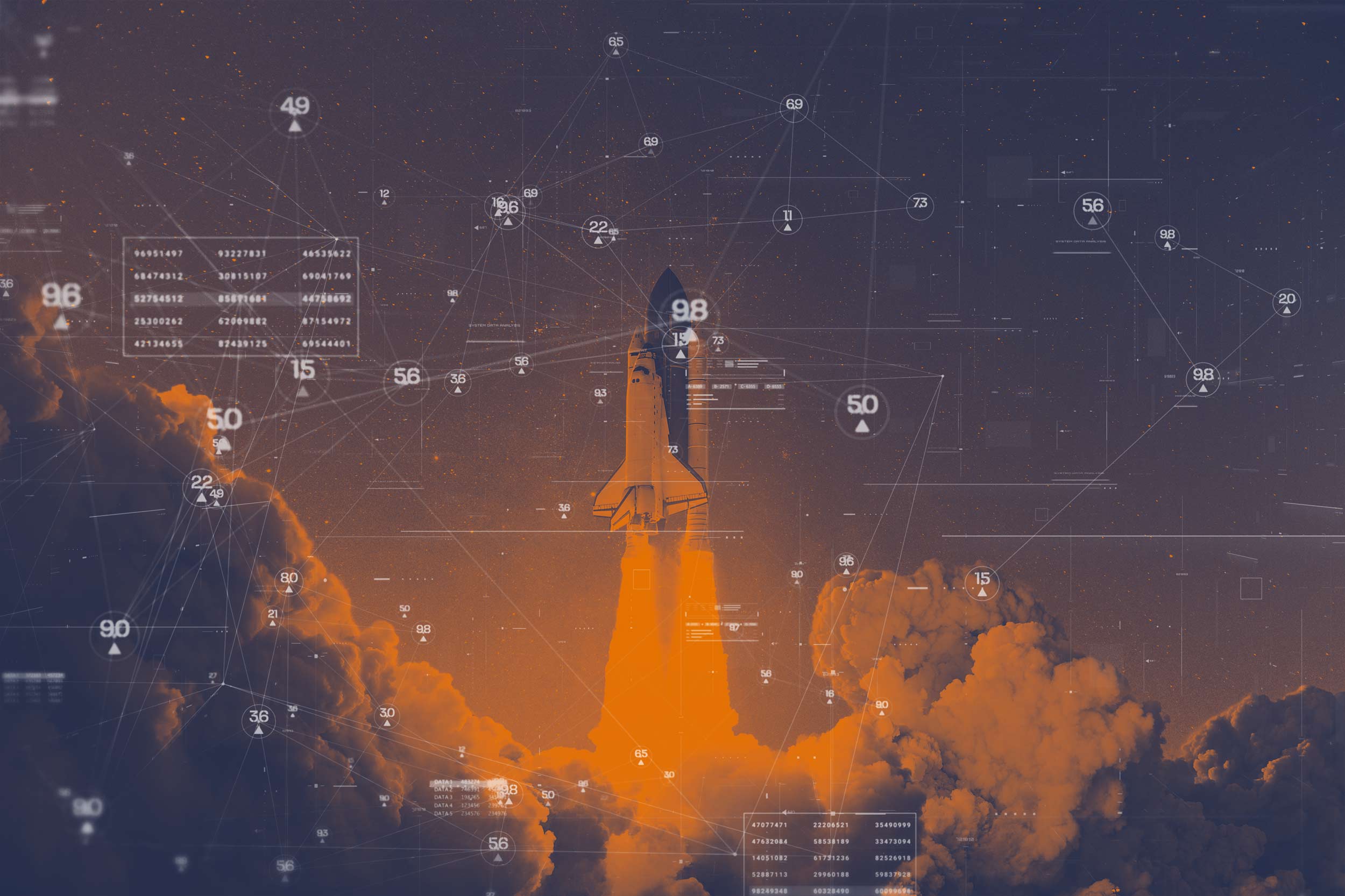 illustration of a space shuttle launch overlaid with graphics of vectors and calculations