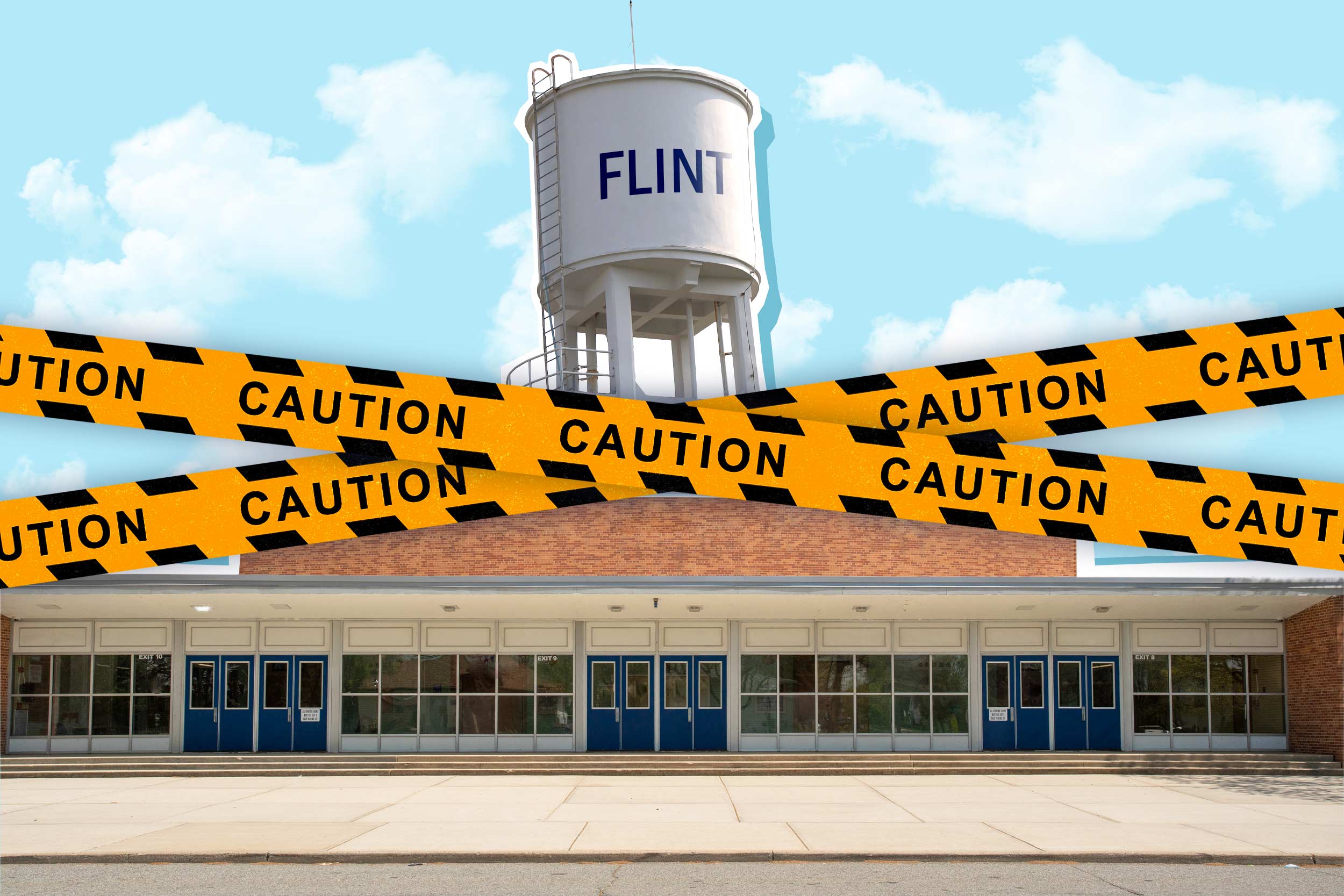 A collage of Flint water tower with caution tape over it