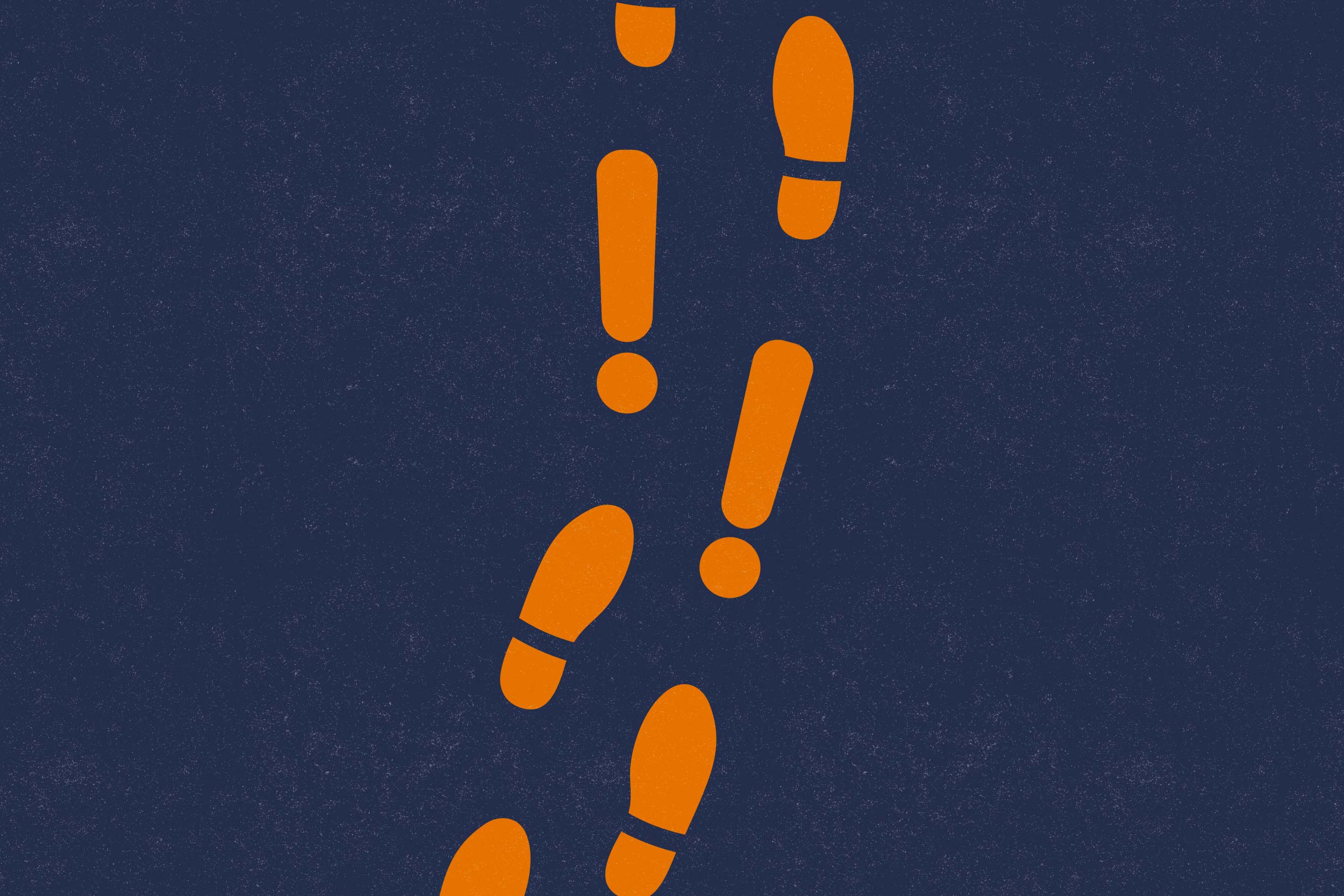 illustration of orange footsteps along with exclamations on a blue background