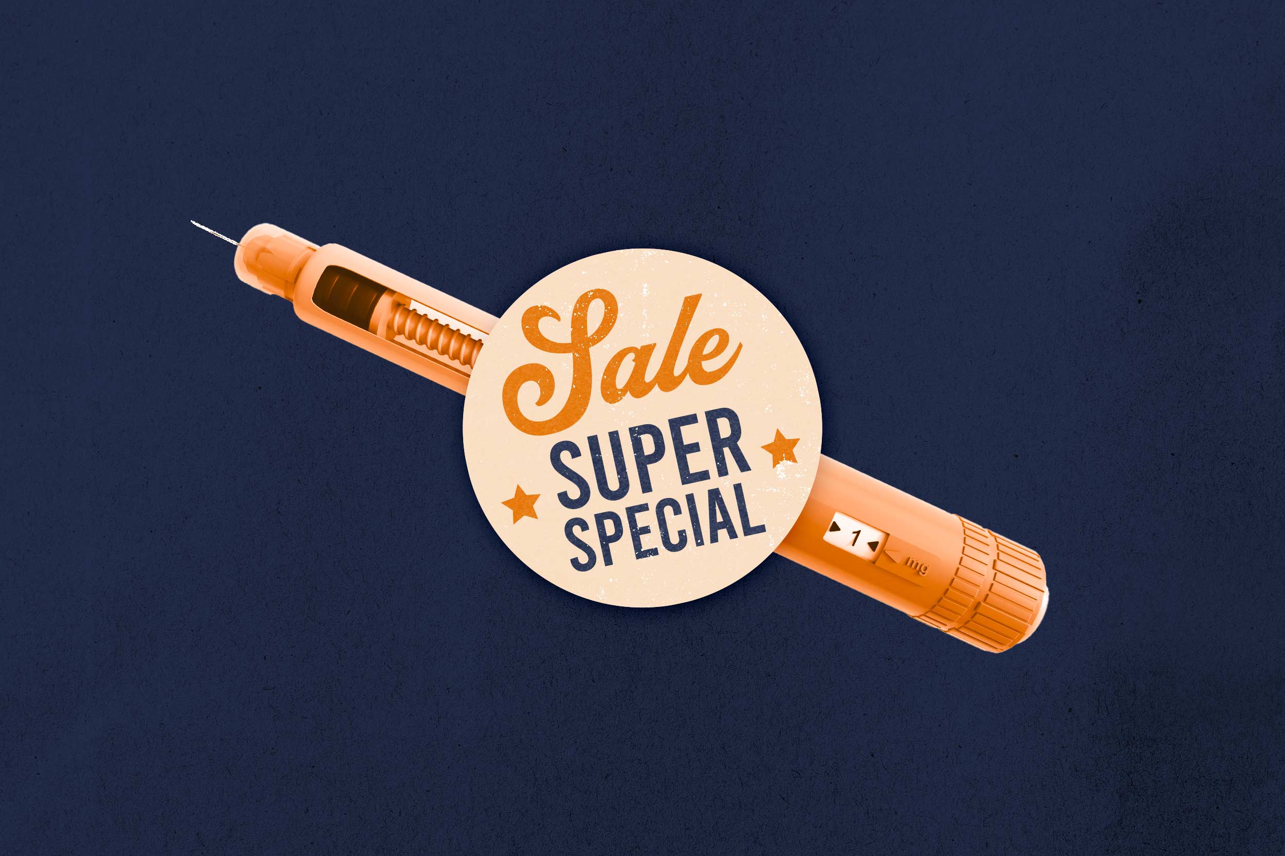 illustration of a GLP-1 injector with a sign in front of it saying “Sale. Super Special”