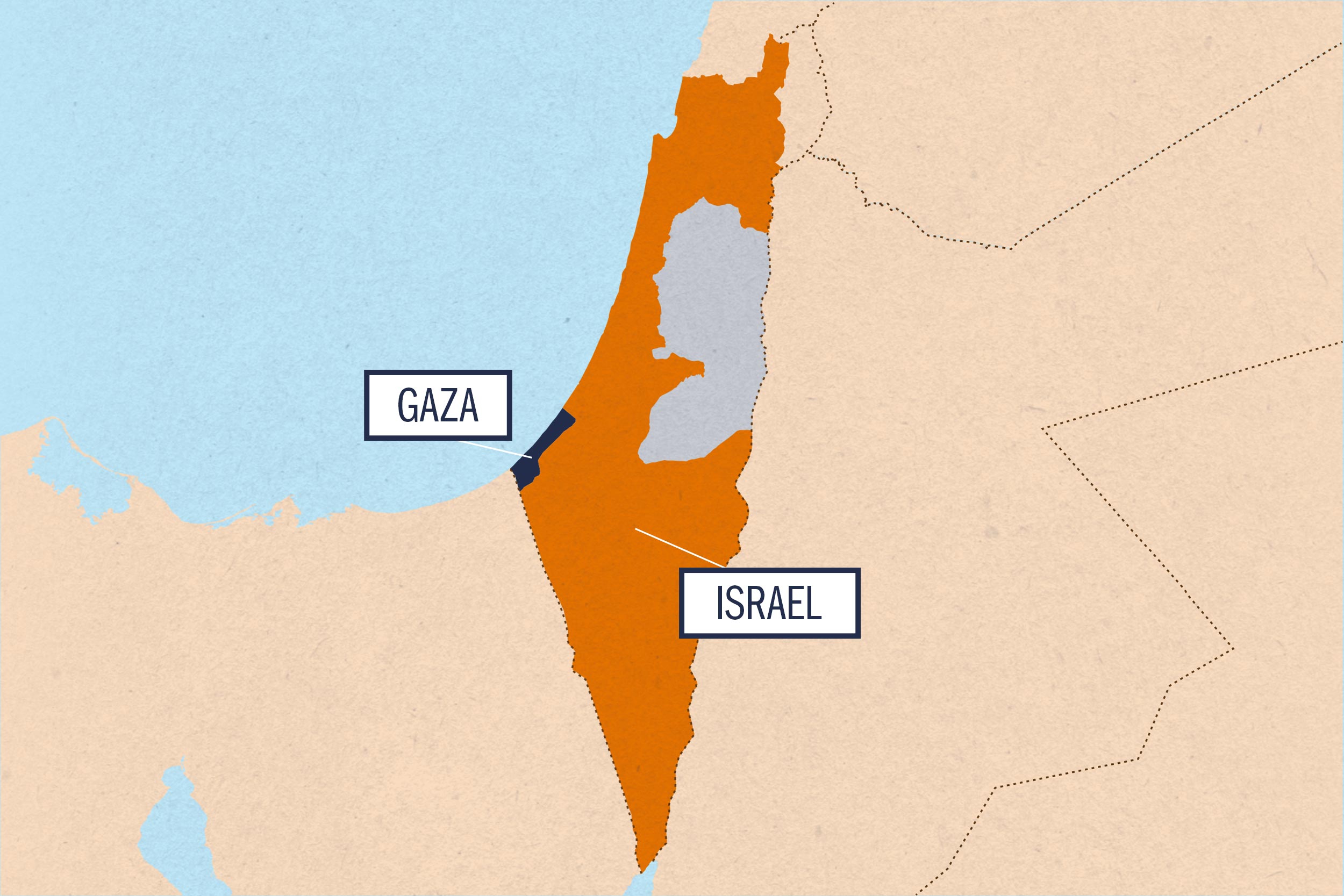 illustration of a map of land with area callouts for Gaza in blue and Israel in orange
