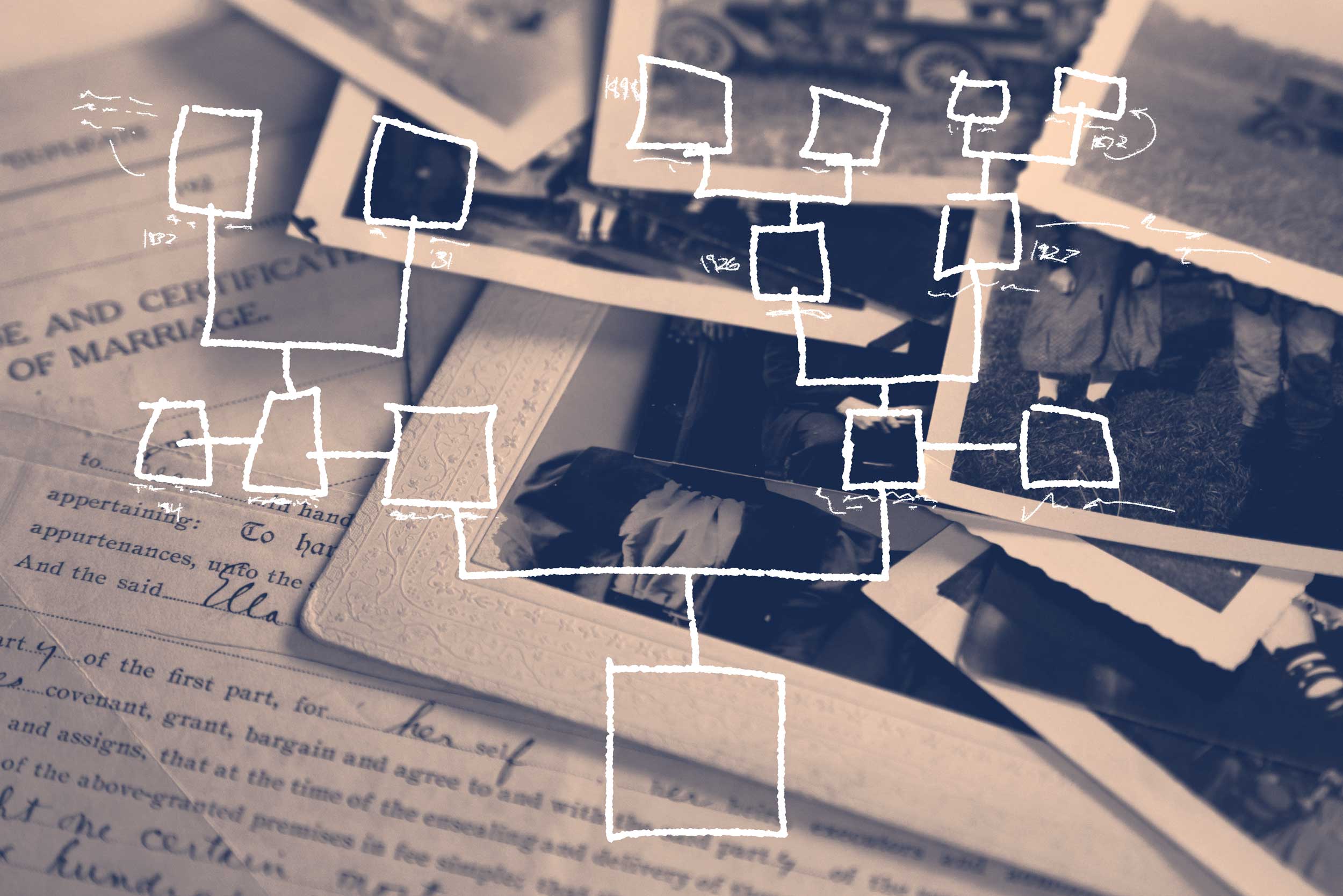 illustration of a table covered in photos and documents with a family tree diagram overlay