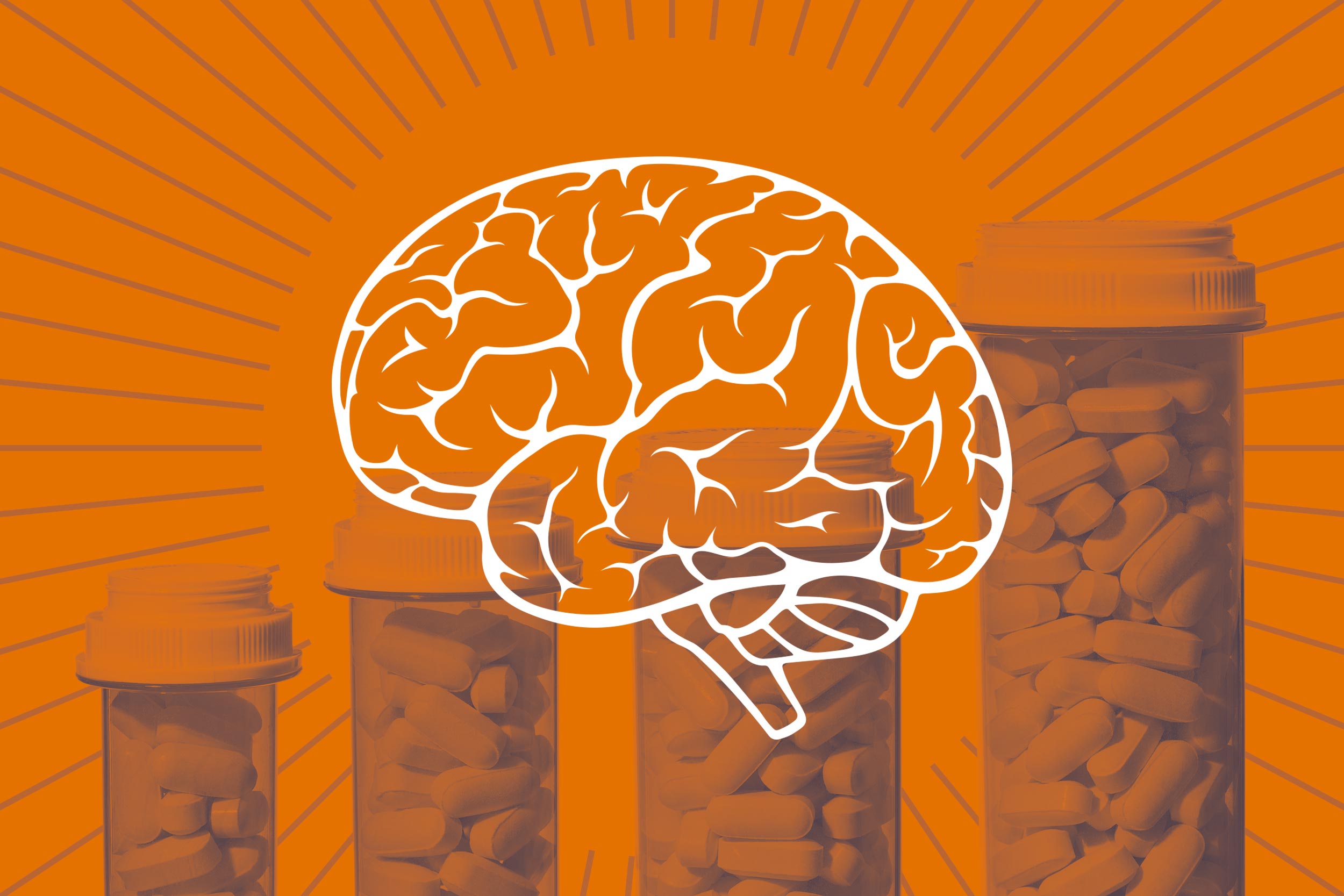 Illustration of a brain over a series of pill bottles