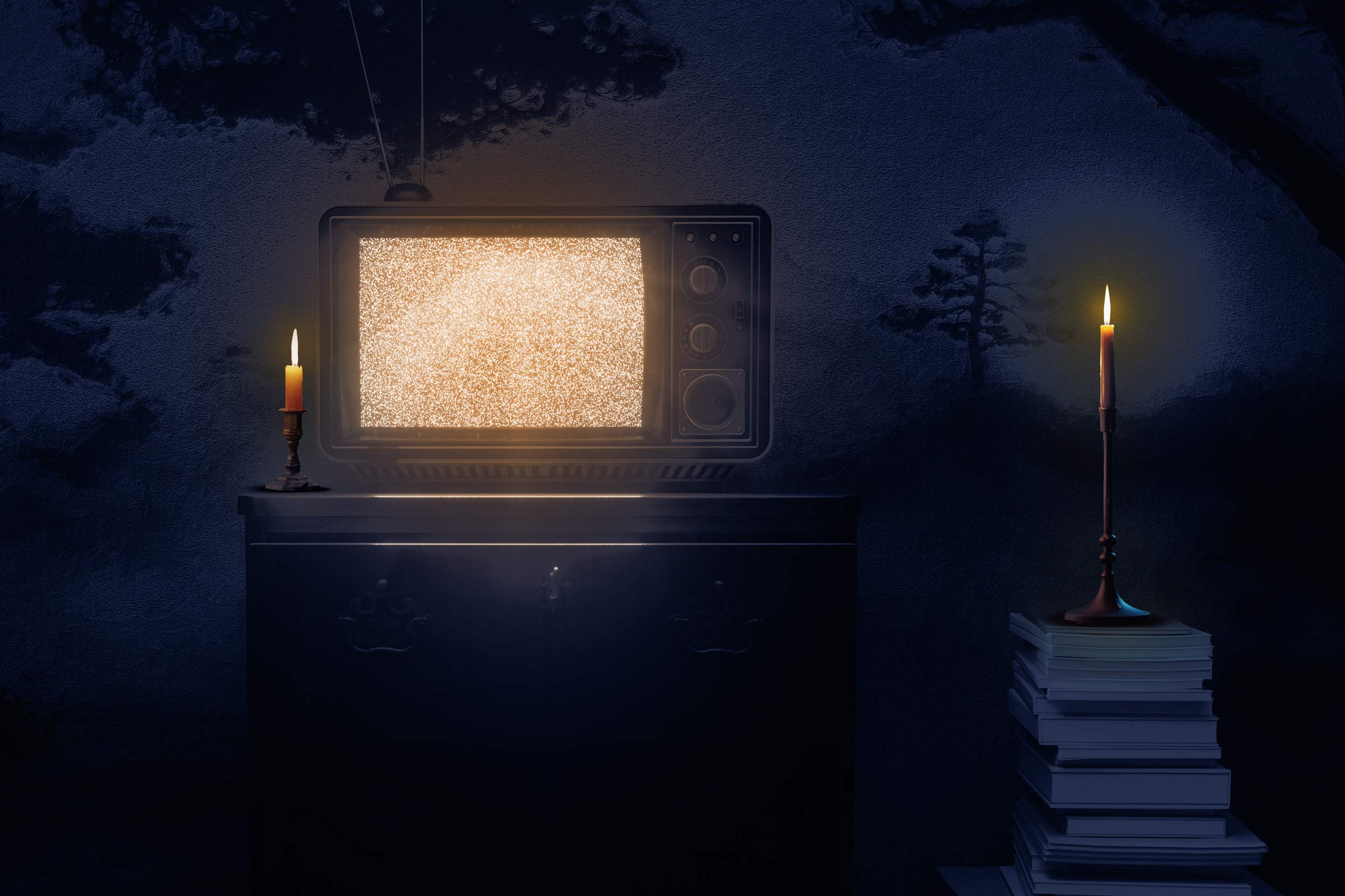 Illustration of dimly lit room with a vintage television displaying static.