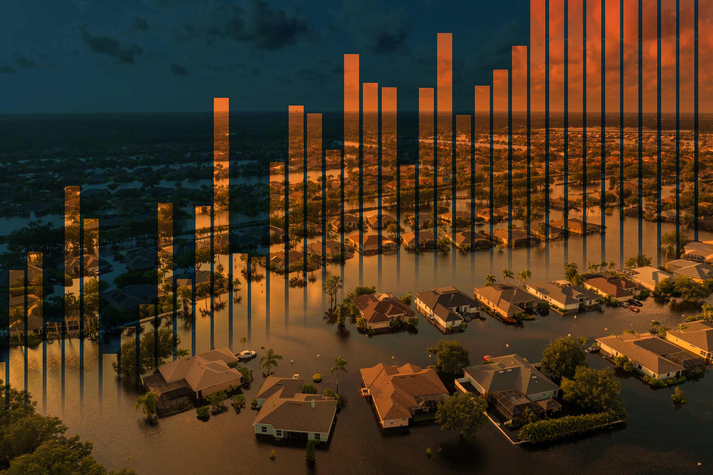 A collage of a city overlayed with orange graph bars to indicate heat data