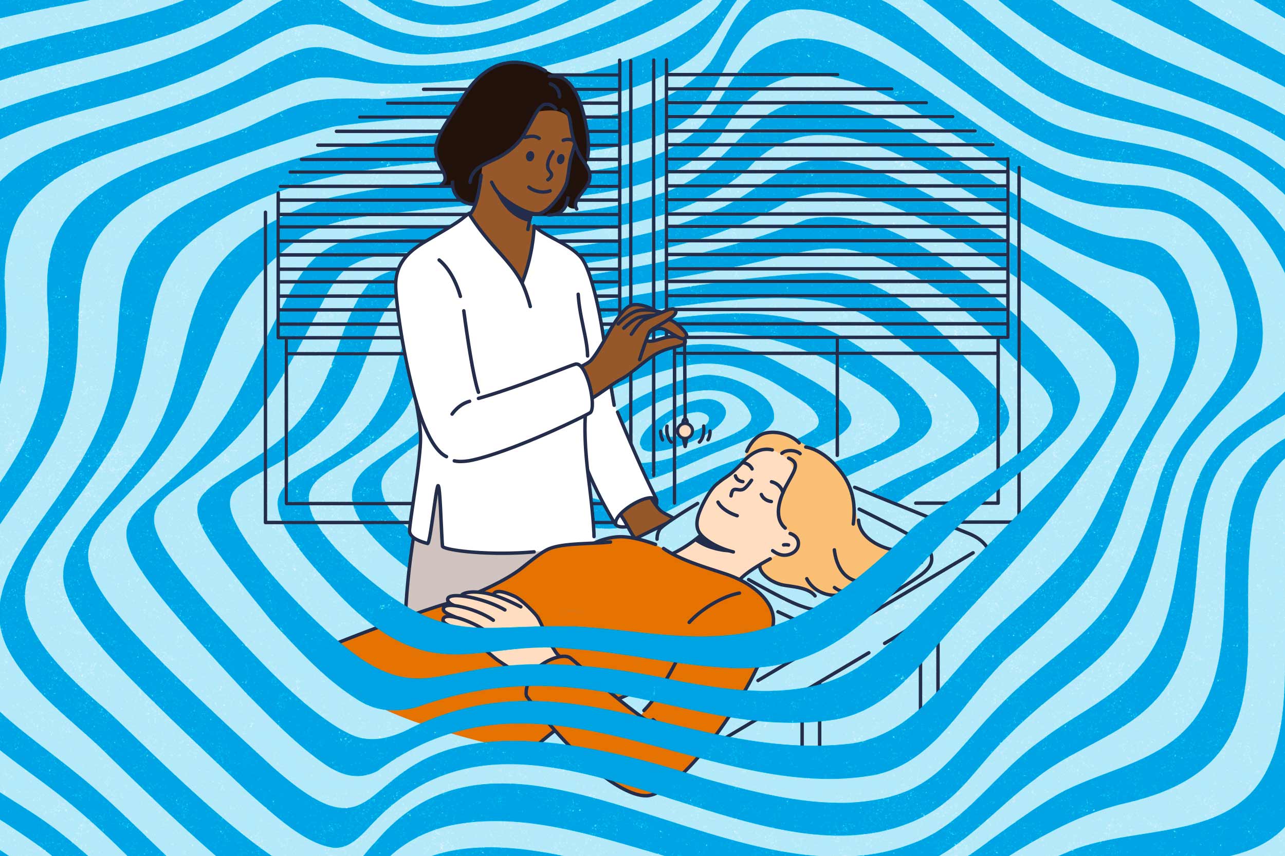 Portrait illustration of a lady performing hypnosis on a person sleeping in bed.