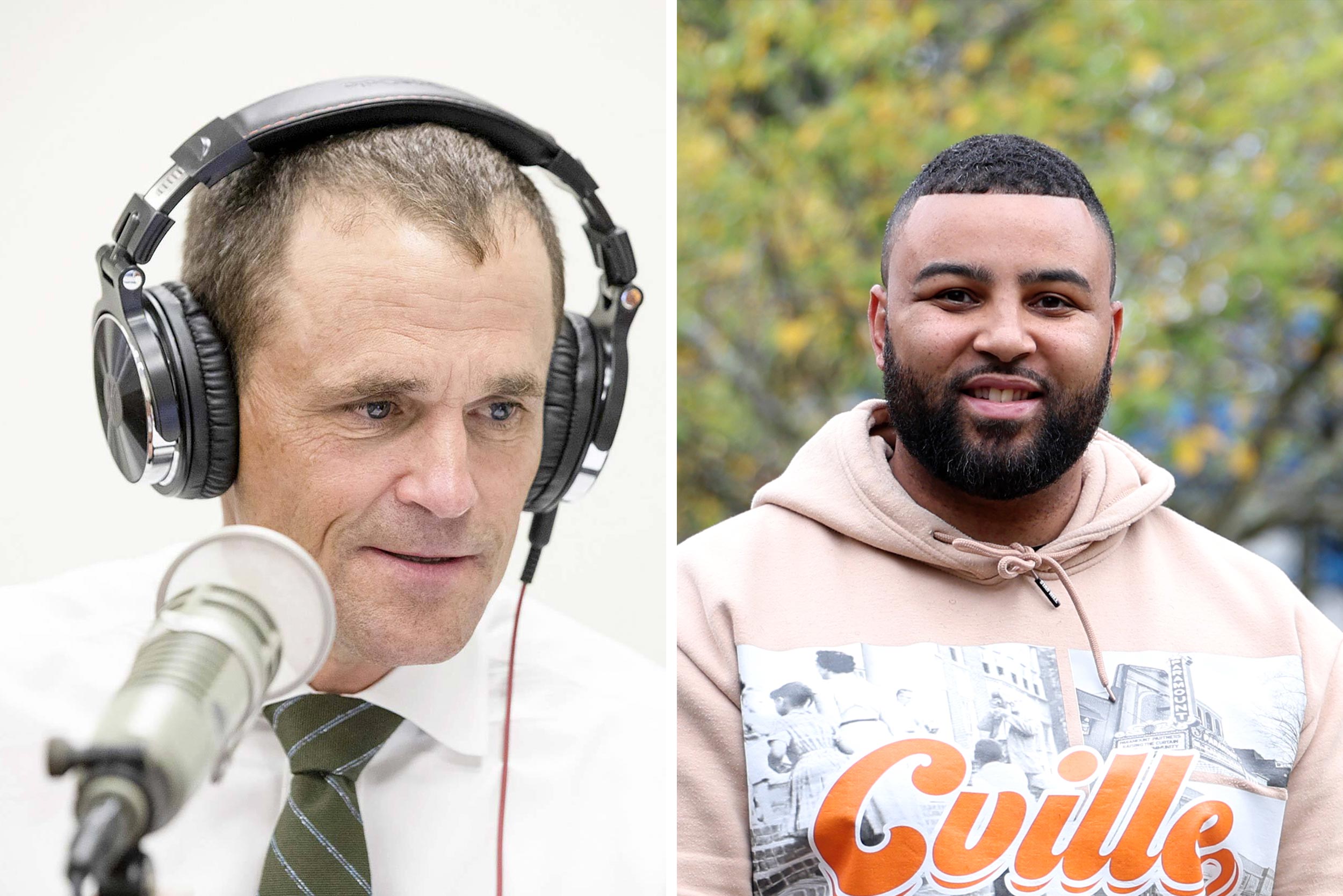 On the left, a portrait of President Ryan wearing headphones during his podcast, and on the right, Ben Allen is the director of UVA’s Equity Center.