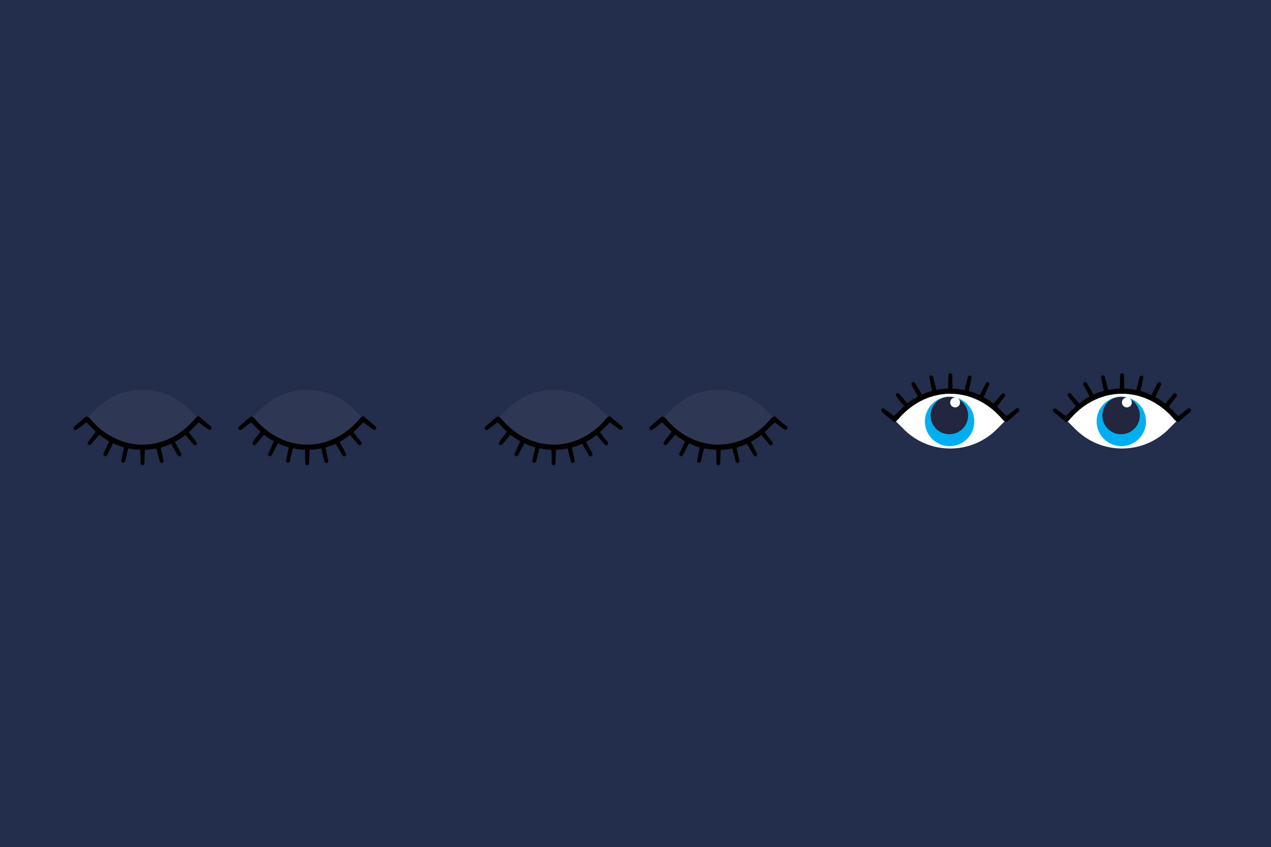 Minimalist illustration of six eyes on a dark blue background, gradually transitioning from fully closed on the left to fully open with bright blue irises on the right, symbolizing wakefulness or insomnia.