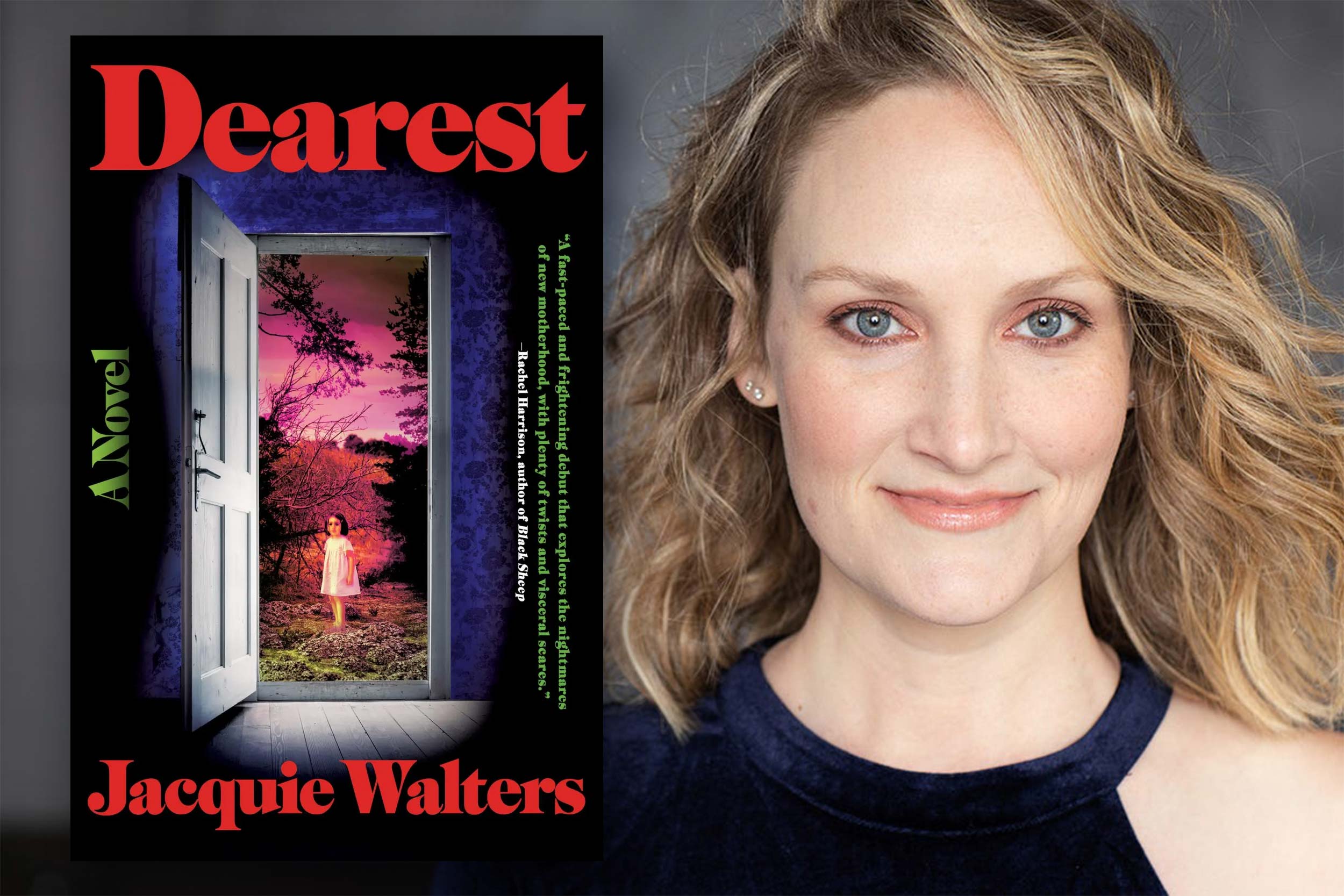 Jacquie Walters side by side with the cover of her book "Dearest"