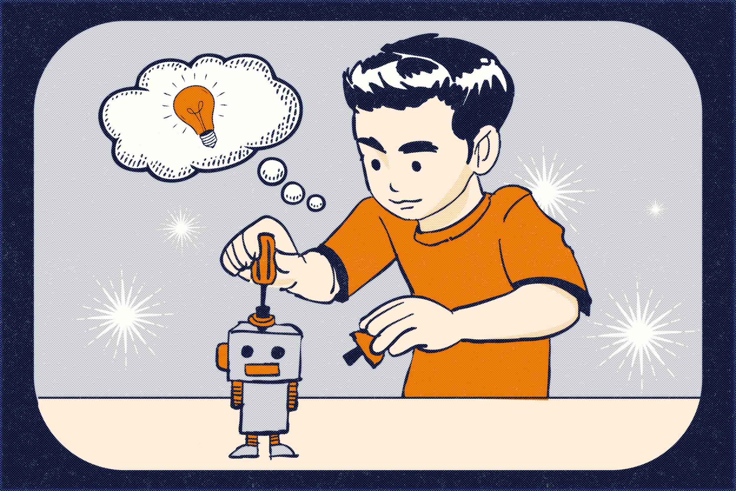Illustration of a kid building a robot