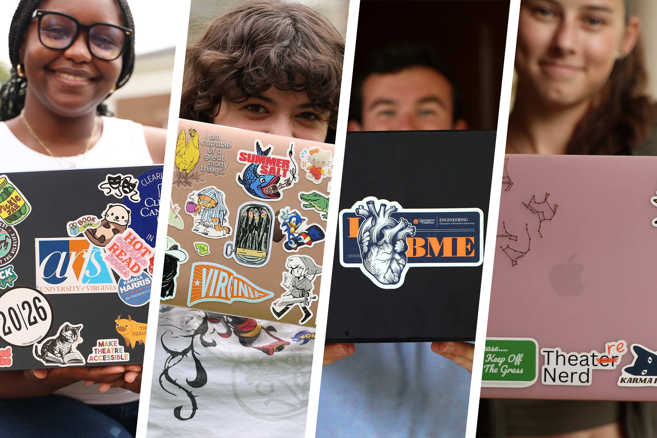 a collage of four UVA students holding their laptops in front of them to display their stickers on the lid.