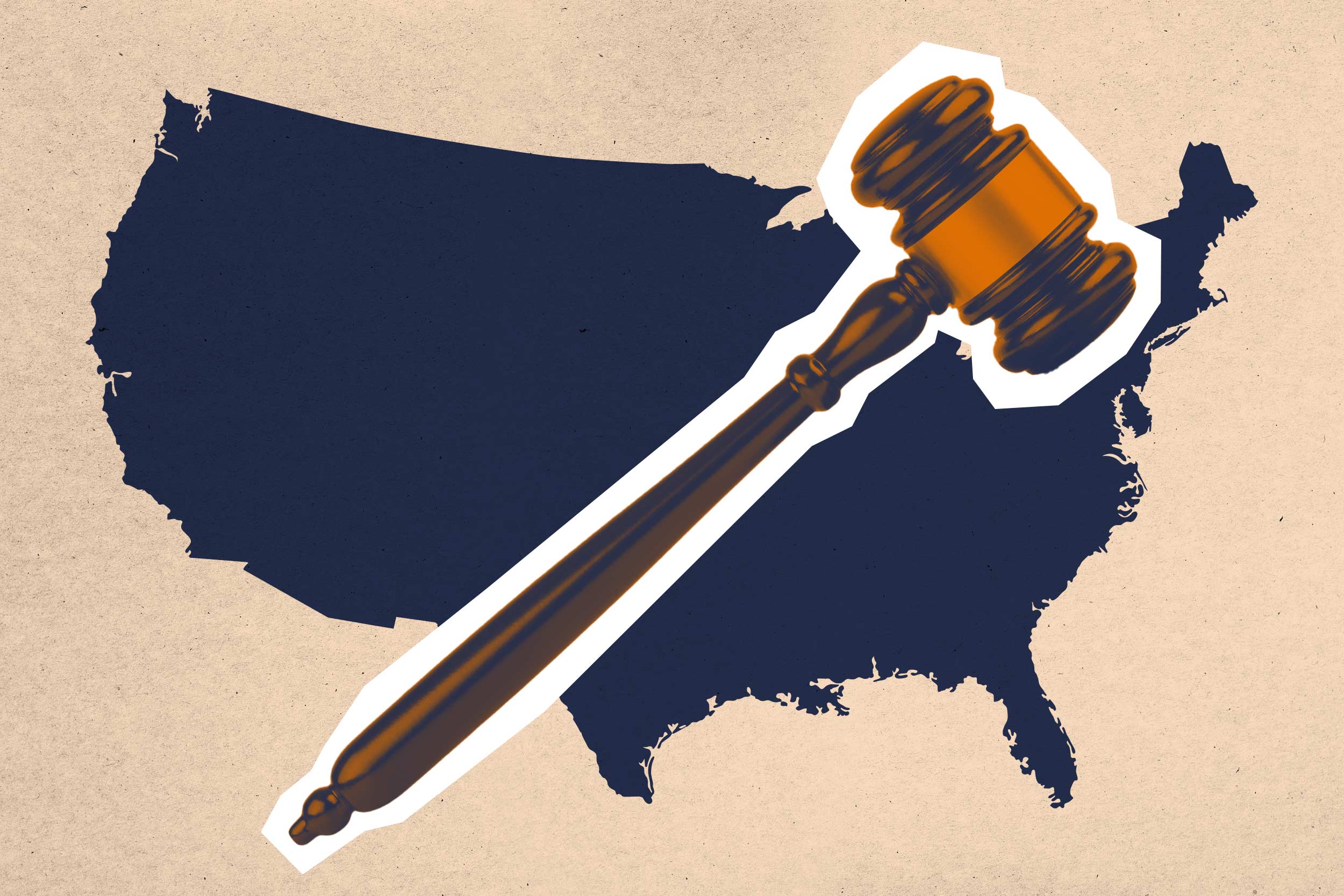 A graphic illustration of a gavel over a map of the United States