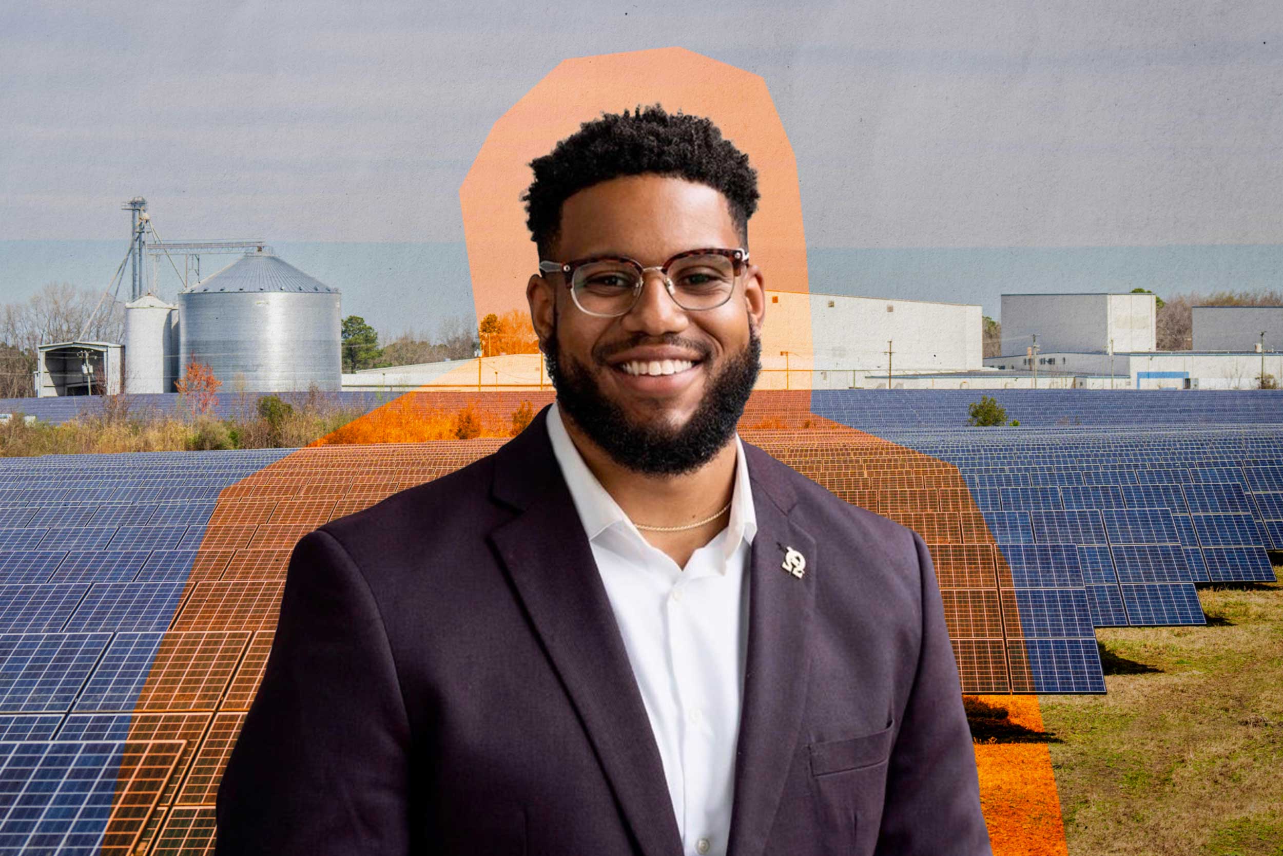 UVA alumnus Miles Braxton collaged on top of a solar field