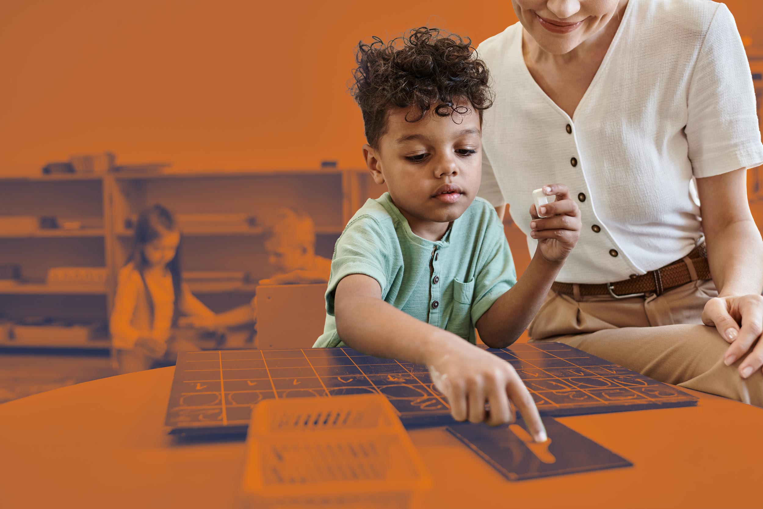 A boy and teacher work with Montessori materials at a table, while two children play in an orange-tinted background.
