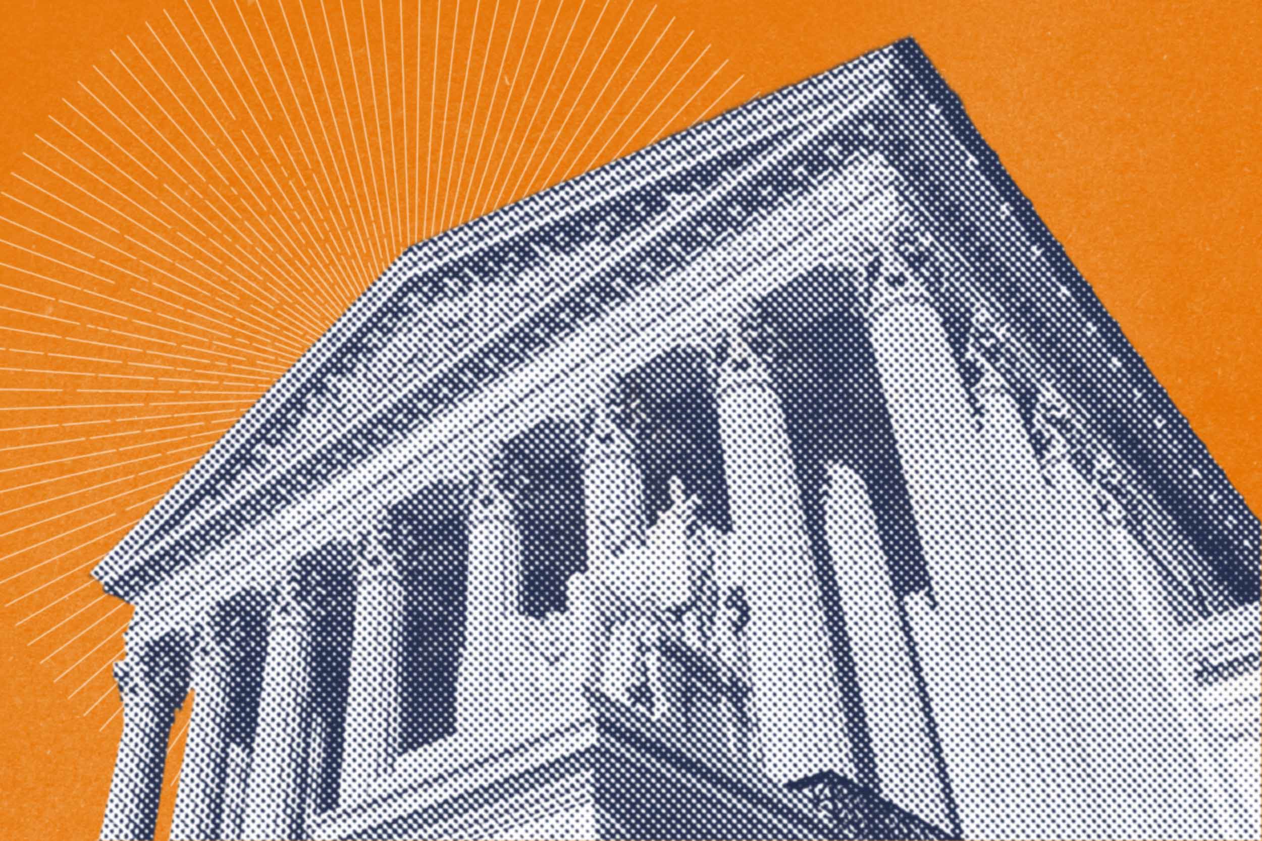 Illustration of a courthouse with columns and a statue, in blue on an orange background.