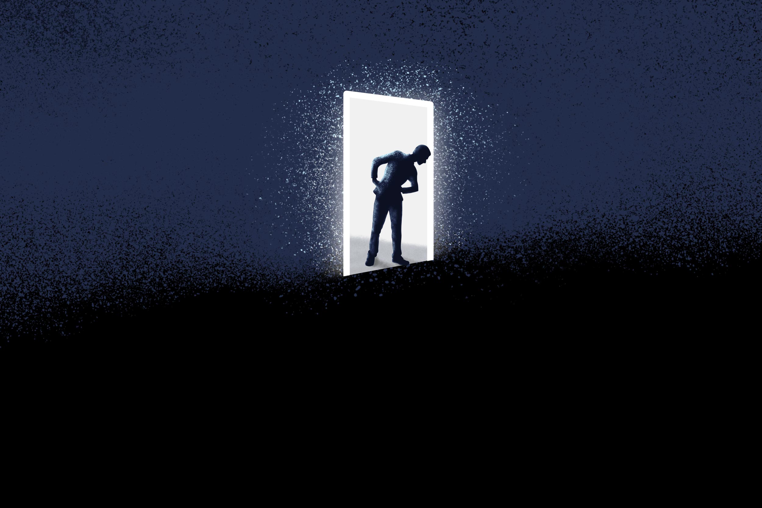 illustration of a male figure leaning through a doorway that leads to a drop into an abyss
