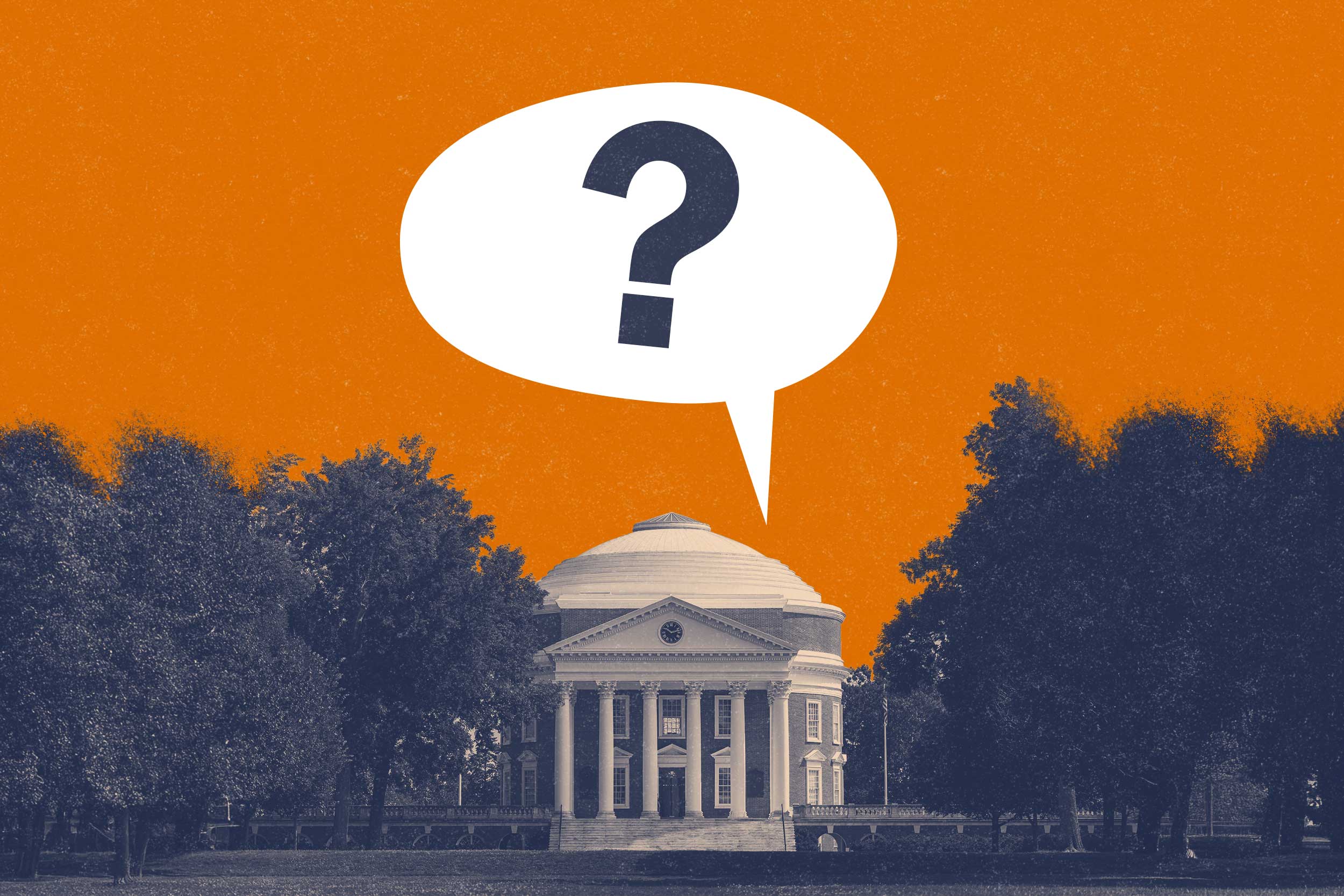 an illustration of the UVA Rotunda and Lawn with a speech bubble above containing a question mark.