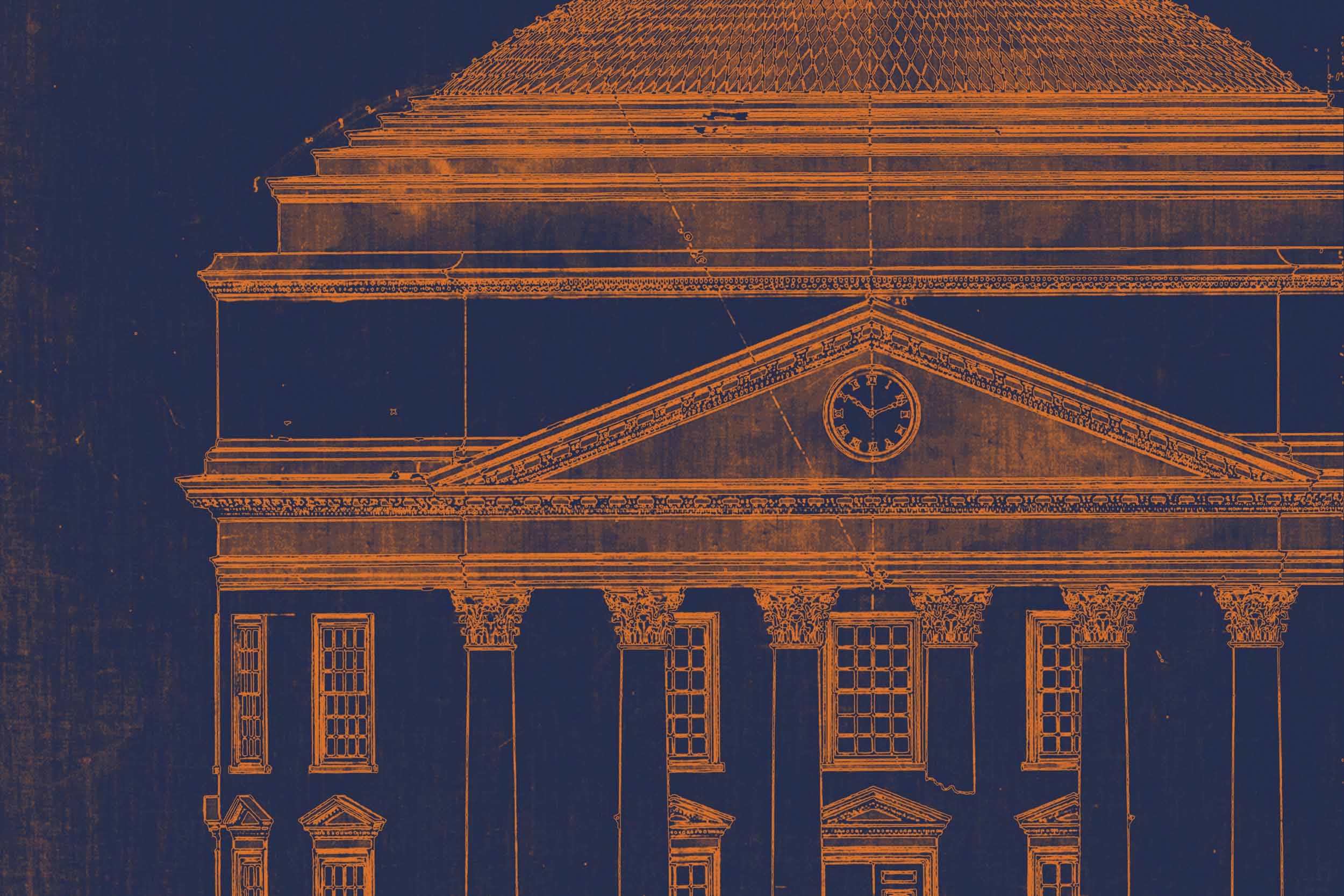 an architectural drawing of the UVA Rotunda in UVA blue and orange