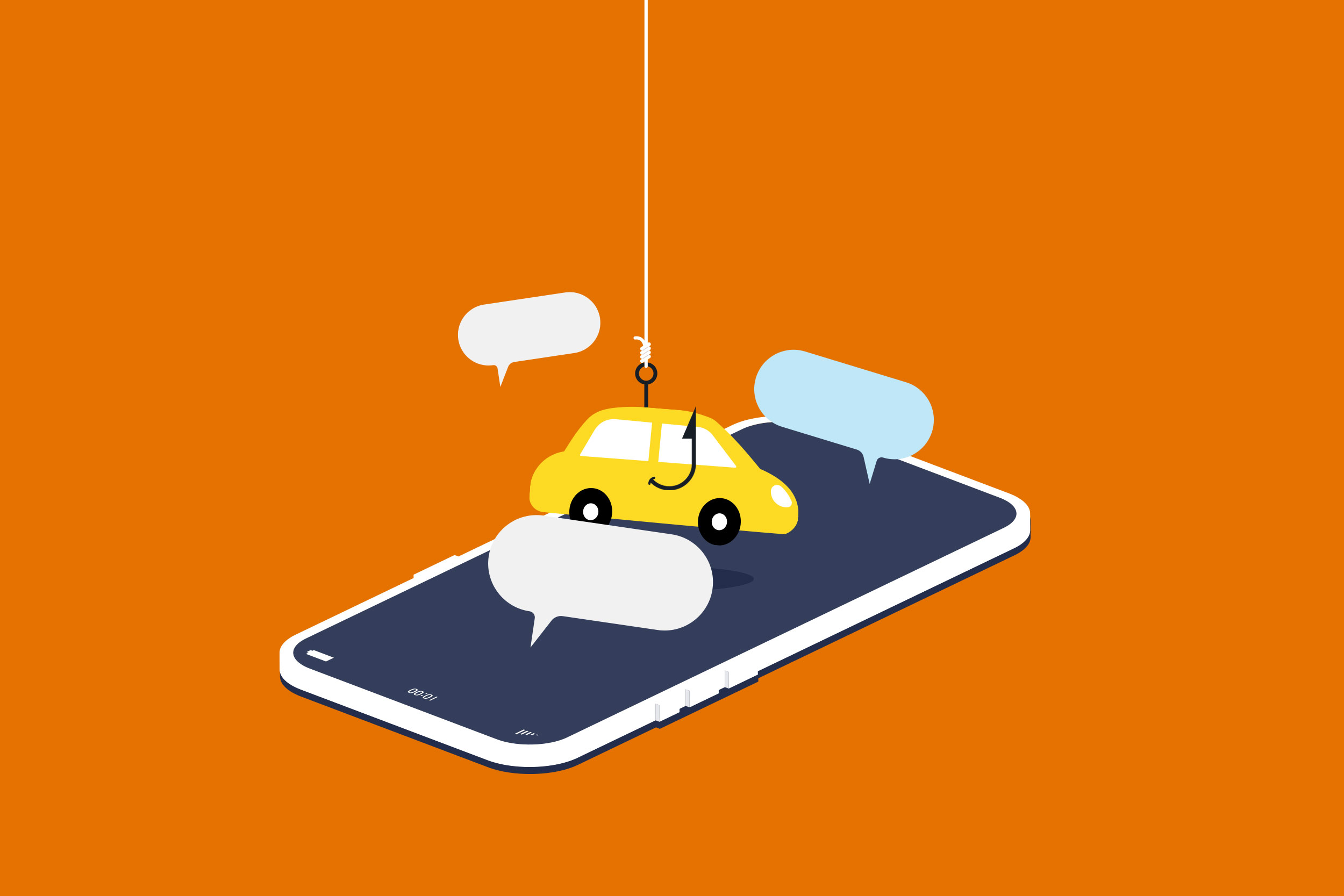 Illustration of a car sitting on top of a mobile phone, hooked with a hanging rope, and surrounded by message blocks.