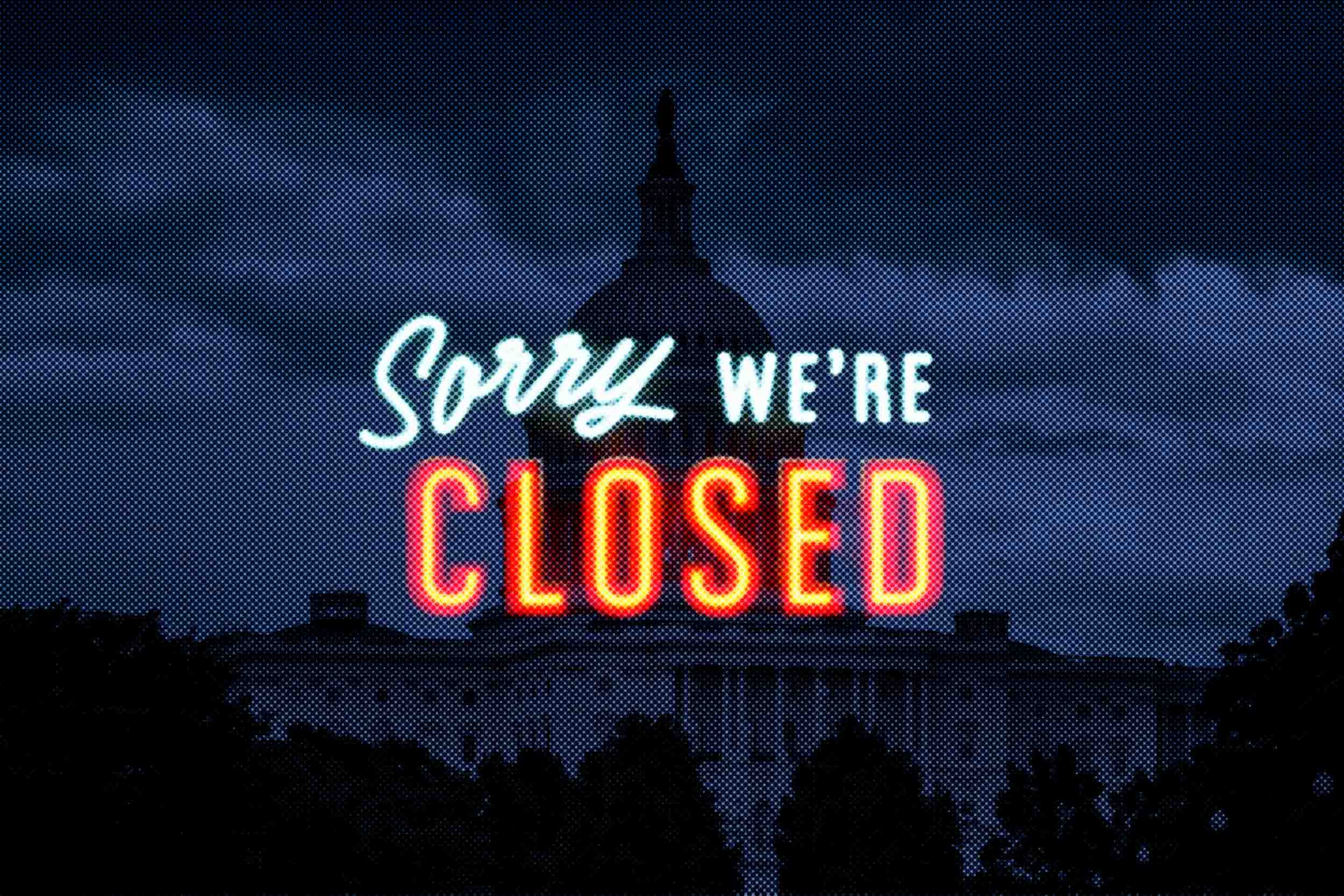 illustration of a sign reading “Sorry we're closed” over a dark blue background depicting the US capitol building