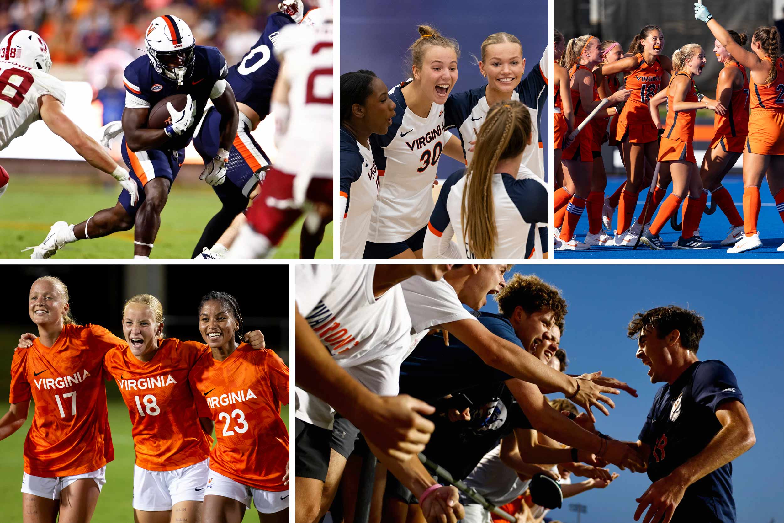 A collage portrait featuring UVA's different sports teams in moments of celebration.