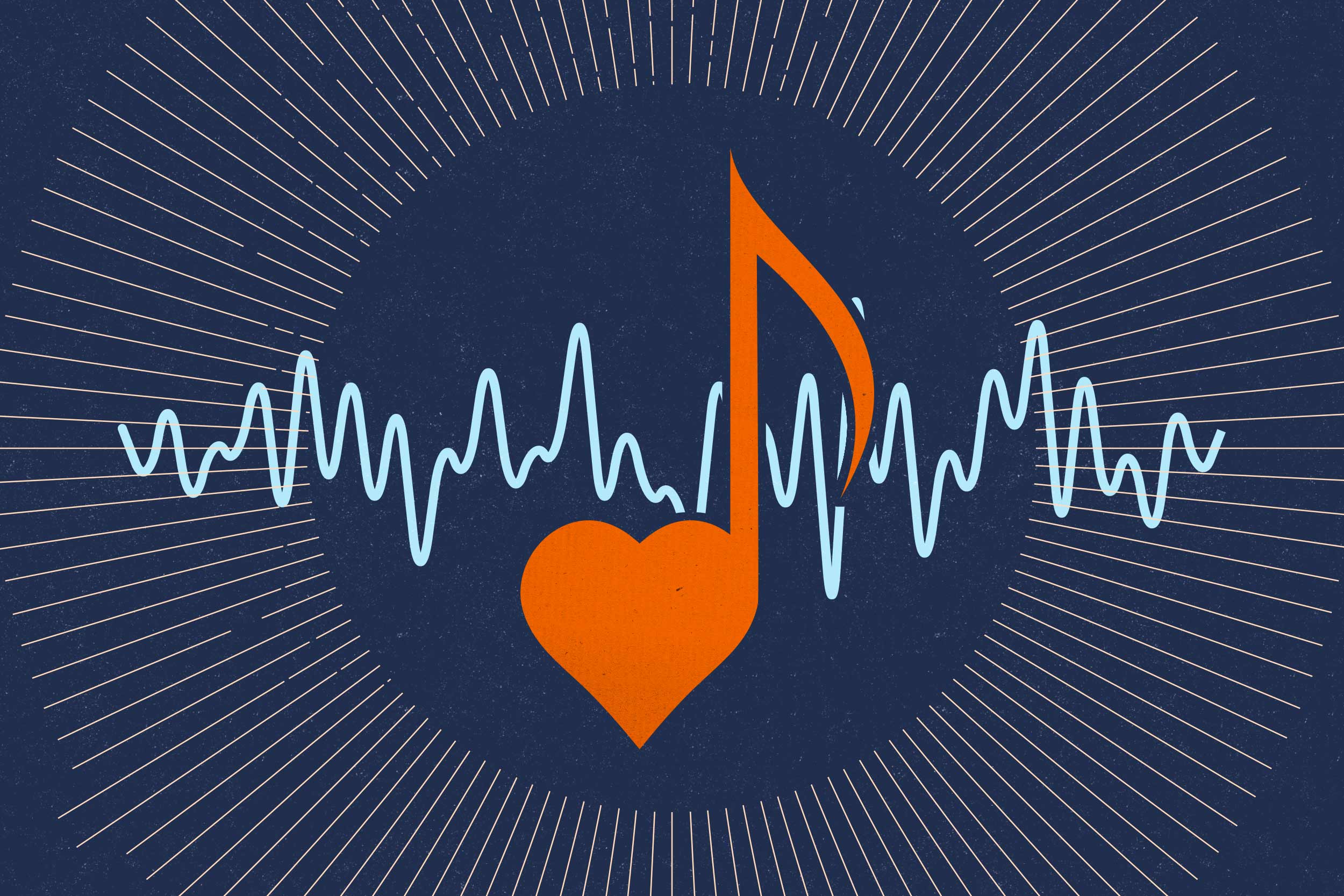 A graphic illustration of sound waves and a music note in the shape of a heart