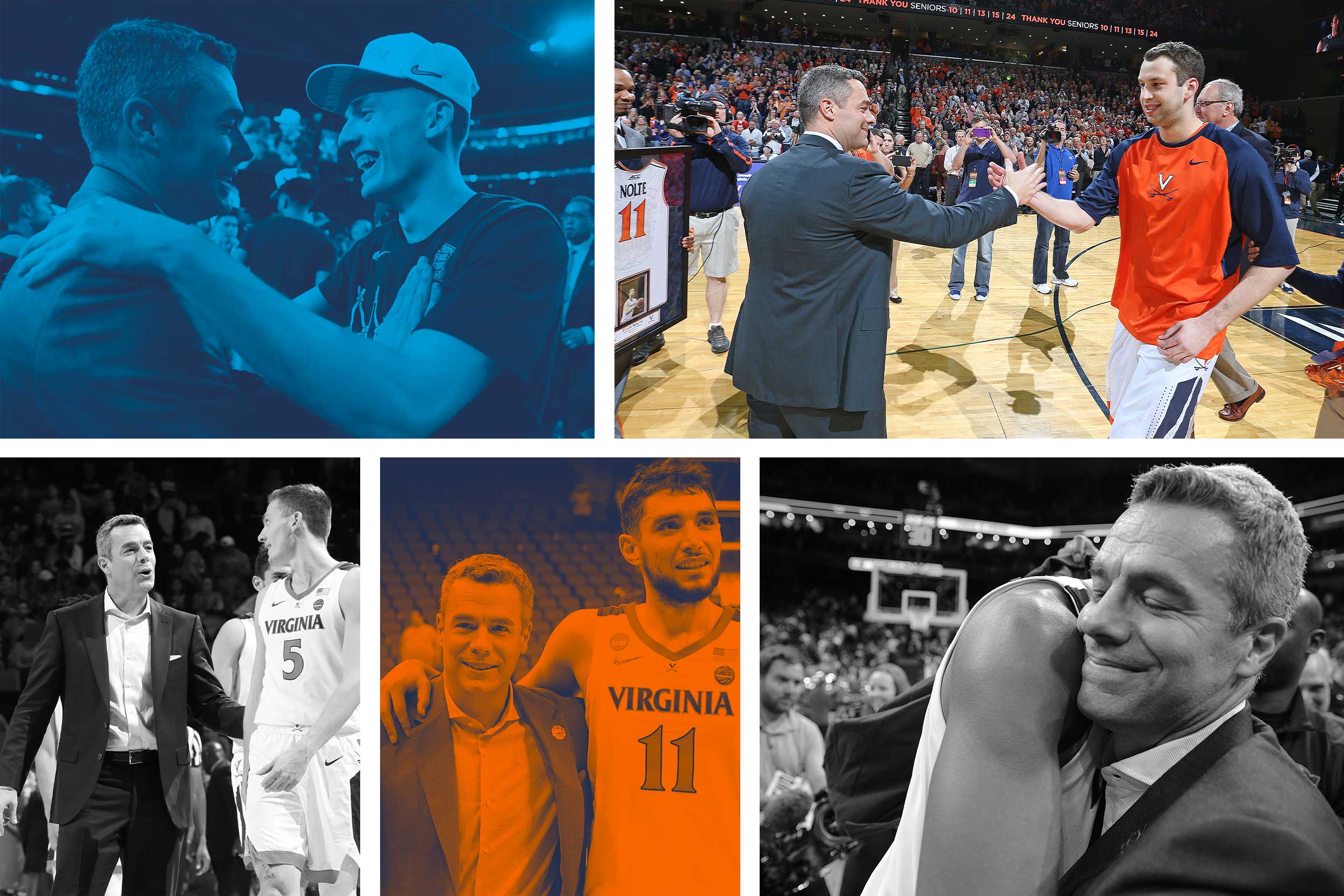 A collage of Tony Bennett with a variety of players over his coaching career at UVA