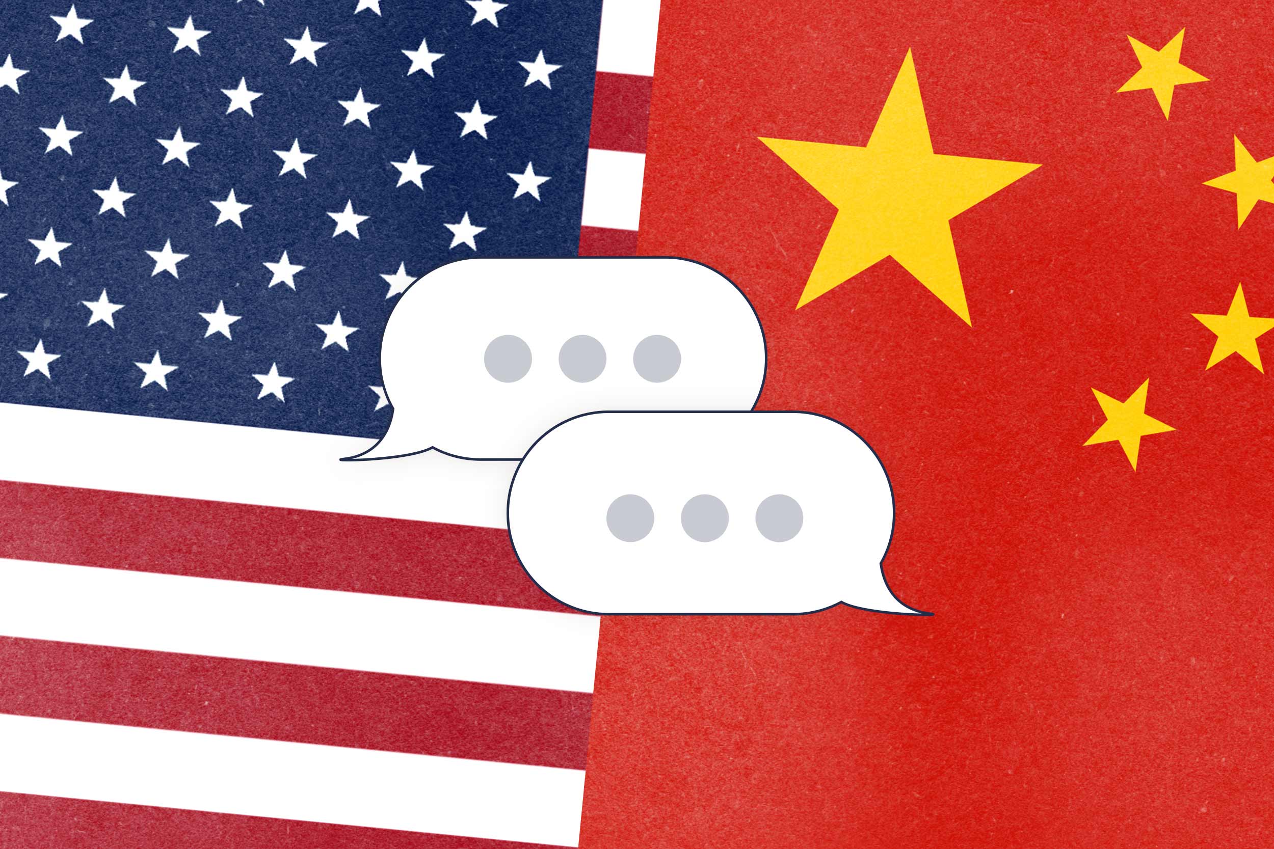 illustration of two conversation speech bubbles with pending messages in them displayed over the USA and Chinese flags.