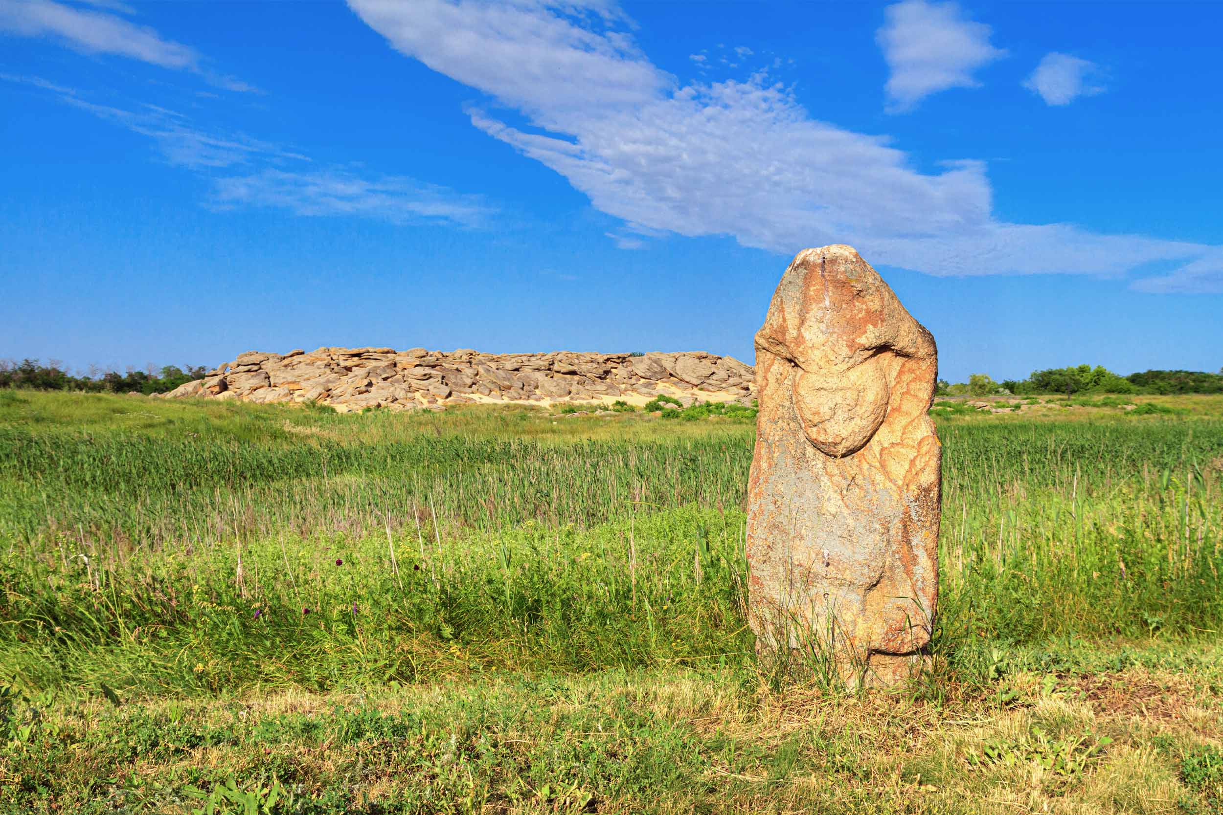 Ancient burial ground marked by a tall stone