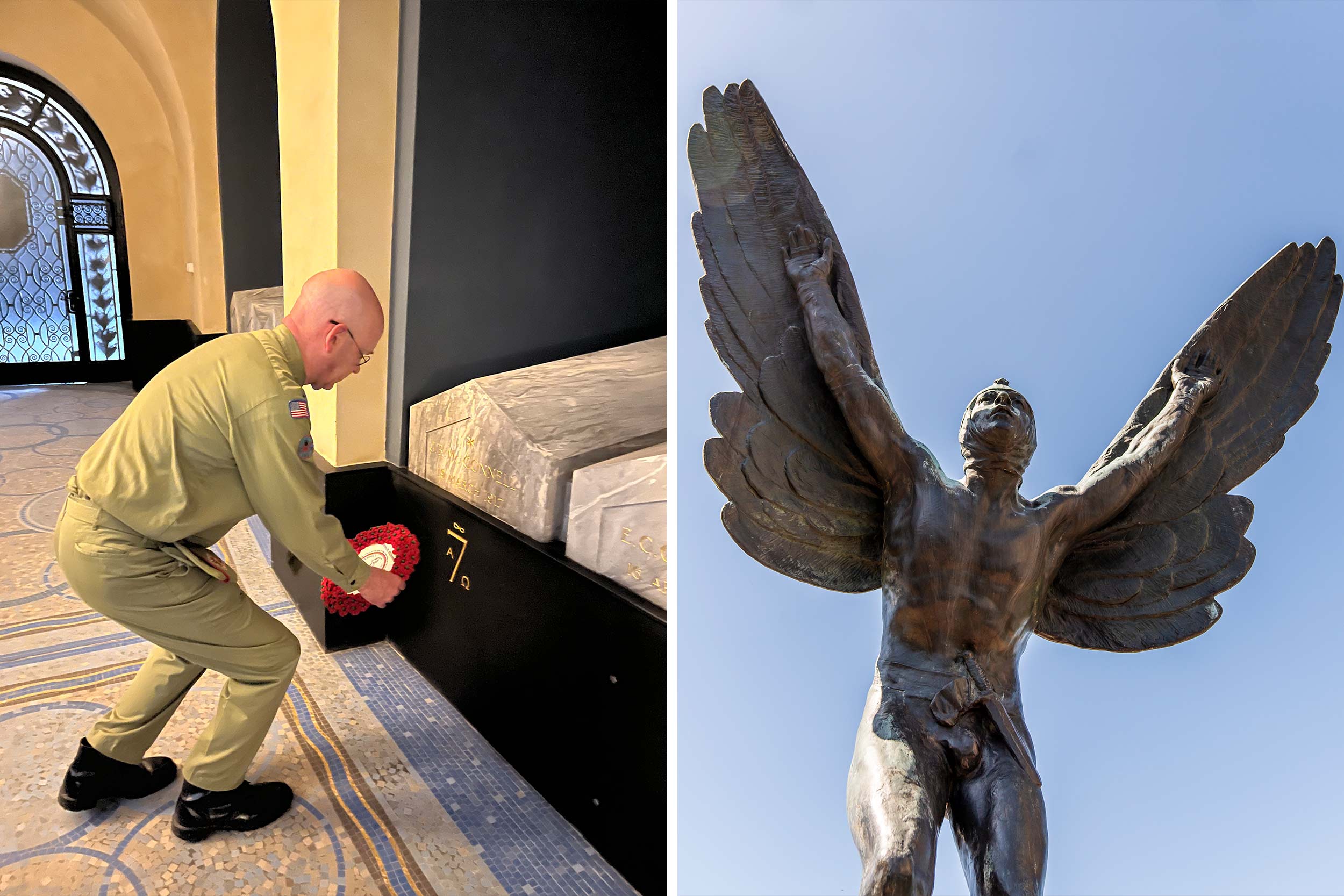 A portrait of Edmund Potter in his Boy Scout uniform is on the left, and a portrait of the Flying Man statue is on the right.